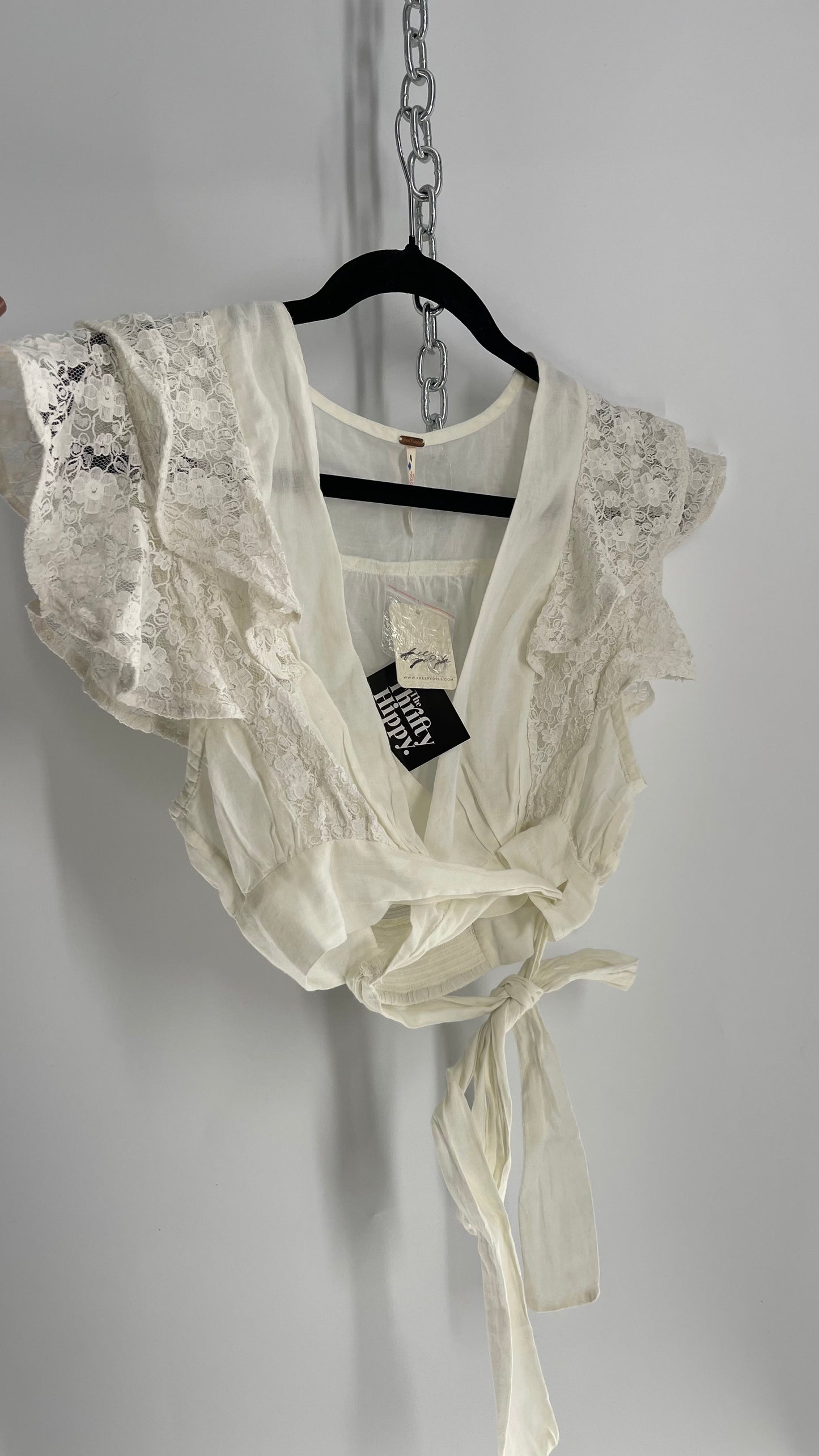 Free People Off White Cotton Tie Around Top with Lace Sleeve Detail and Tags Attached (Small)