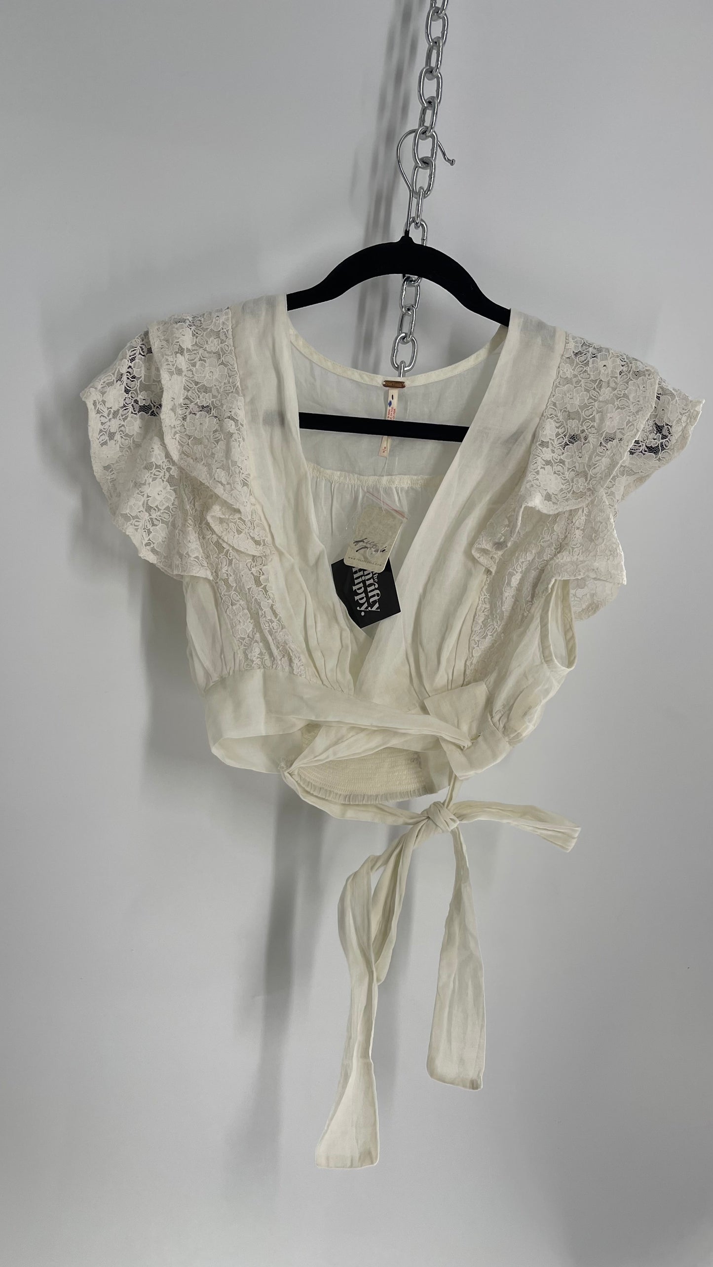 Free People Off White Cotton Tie Around Top with Lace Sleeve Detail and Tags Attached (Small)