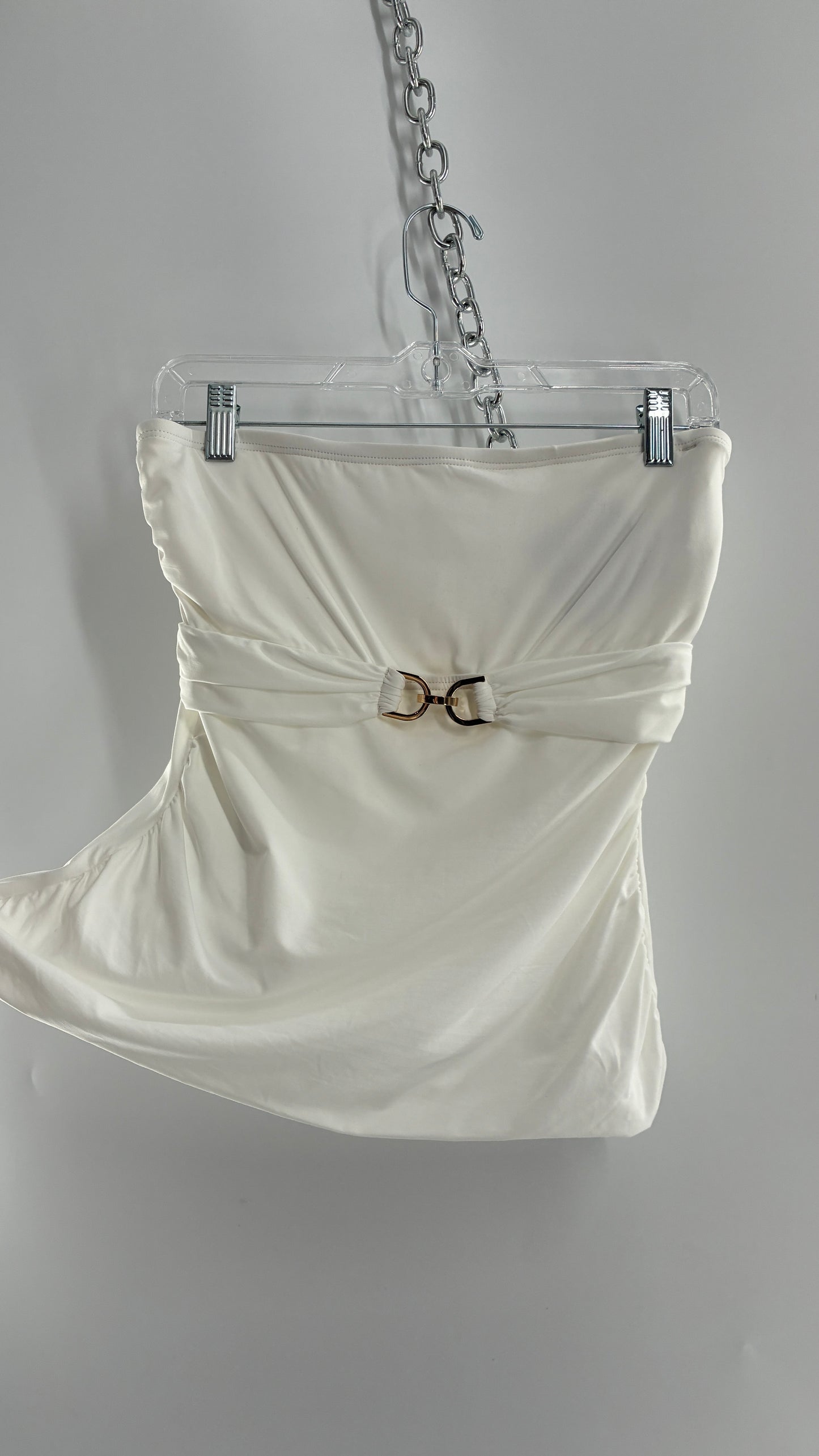 Michael Kors White Tube Top with Gold Underbust Chain Detail and Underwire Bra (Large)