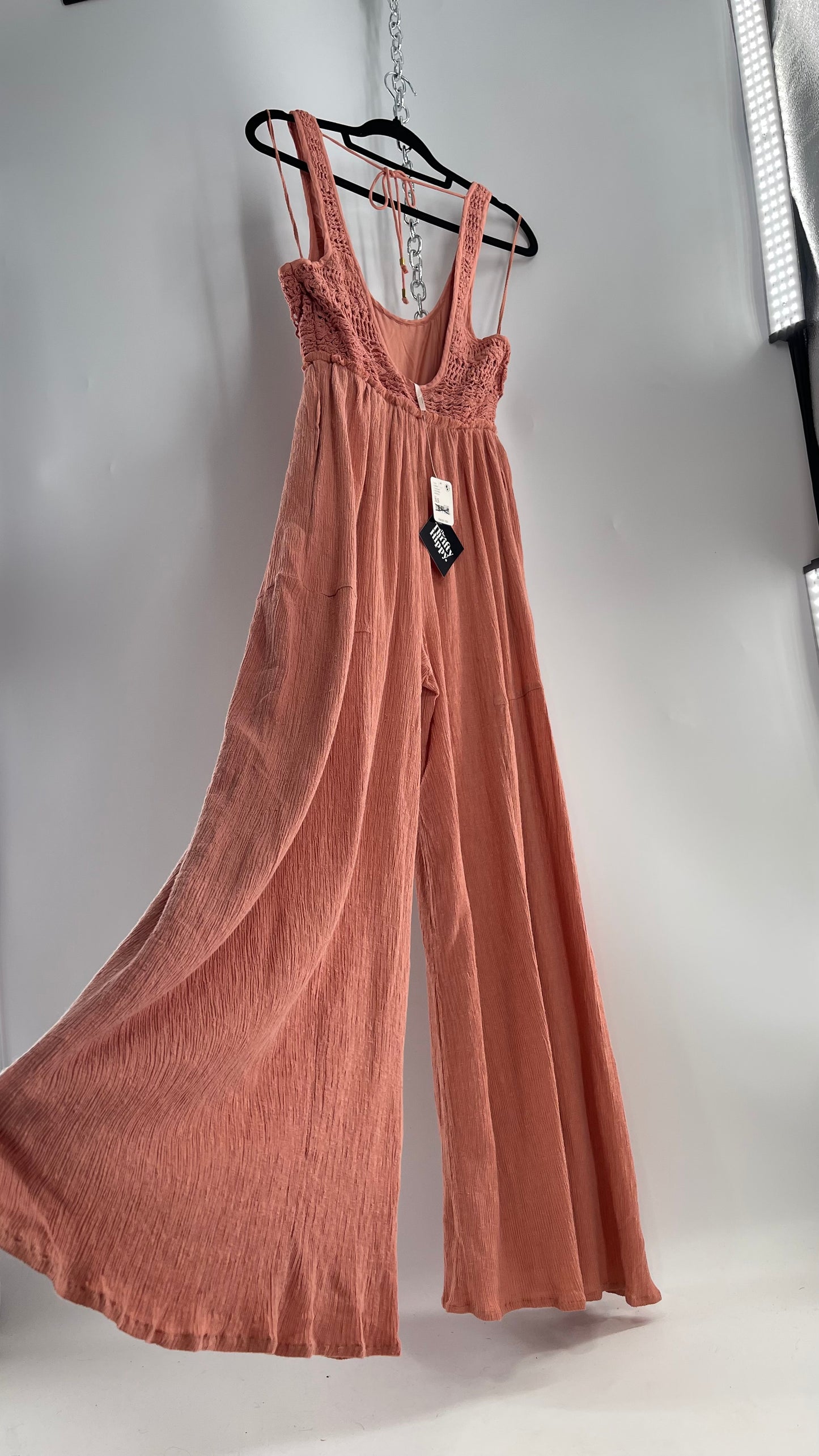 Free People Rose/Peach Pink Wide Leg Jumpsuit with Crochet Bust and Tags Attached (XS)