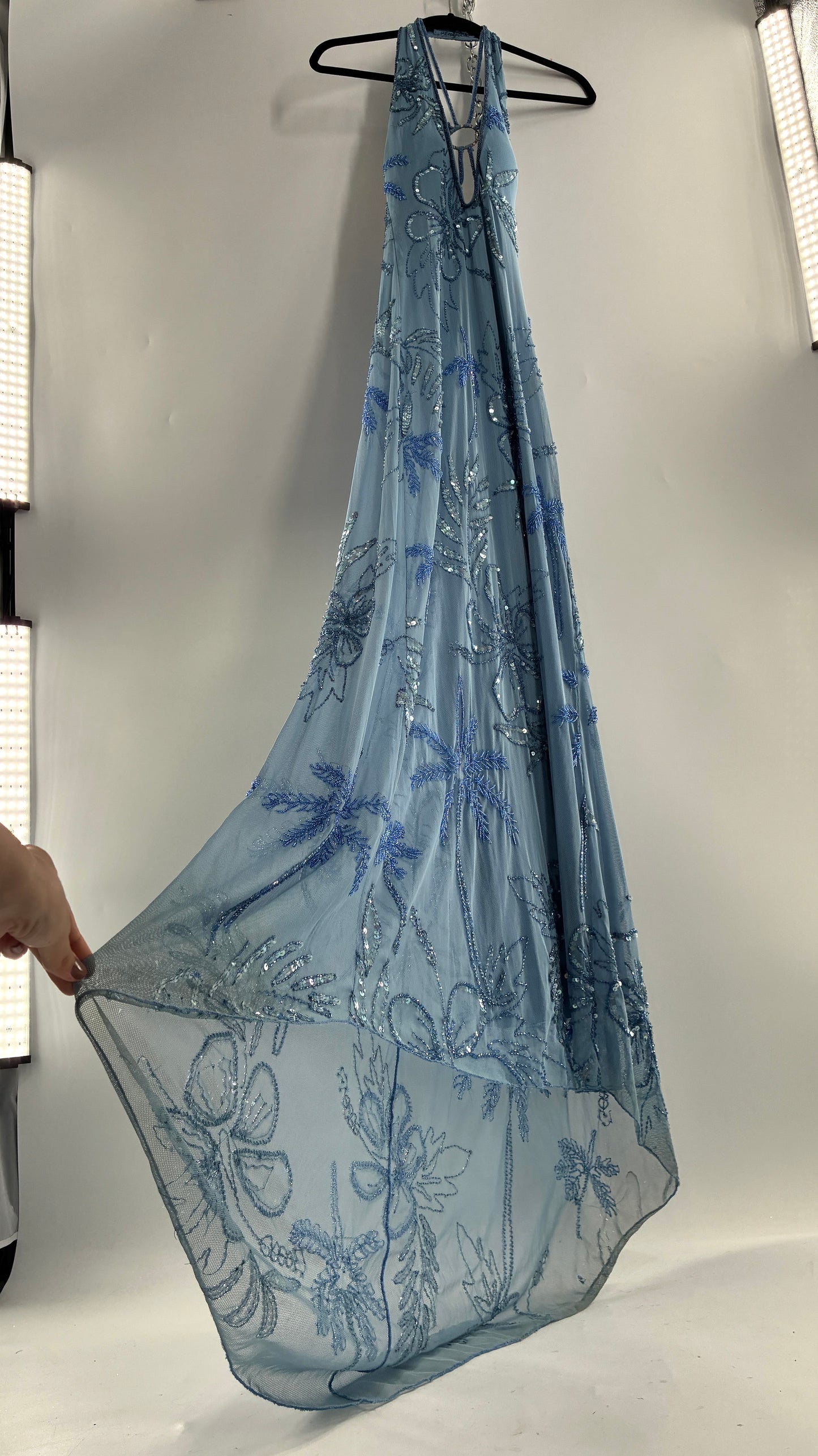 Vintage 1990s Powder Blue Gown Covered in Beaded Appliqué Tropical Designs with Strappy Bust and Low, Open Back (S/M, stretchy no size marked)