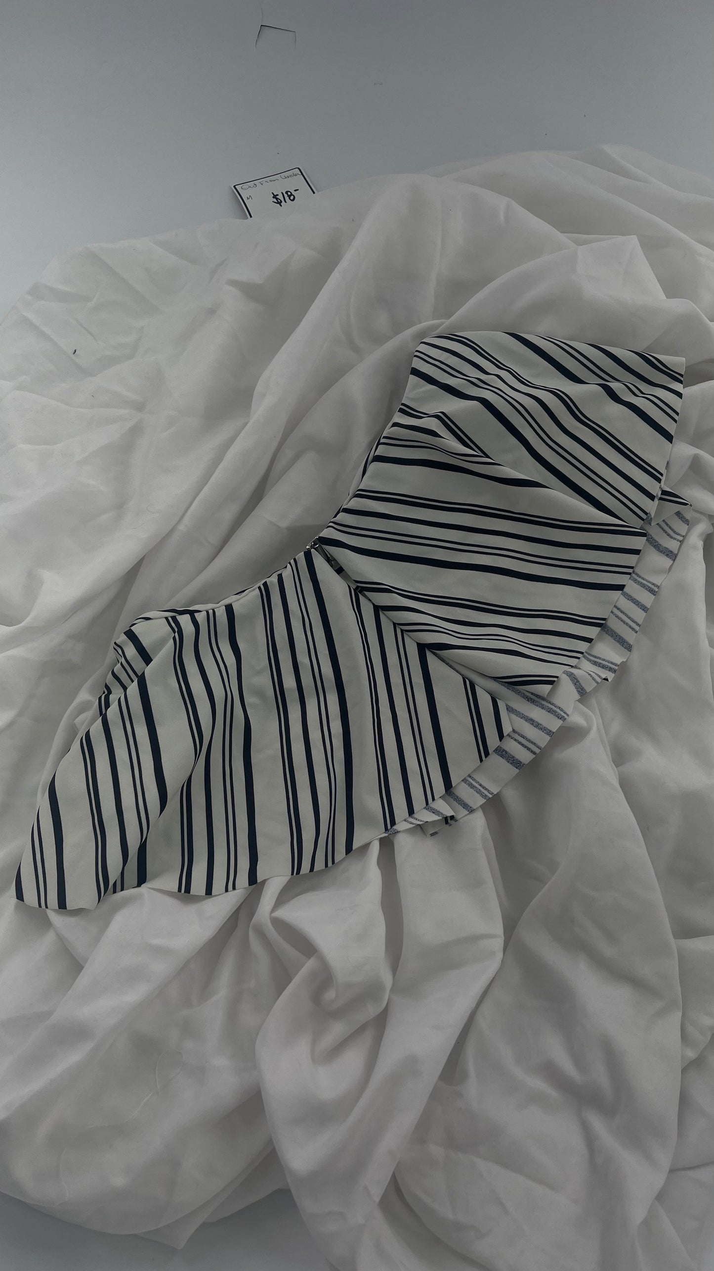 Anthropologie Citrine Made in Bali White/Black Striped Bandeau Swim Top with Ruffle (Small)