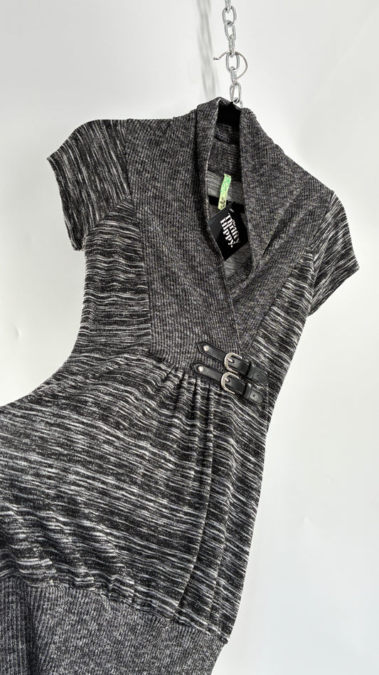 Vintage BELLA Knit Grey and Black Knit Bubble Hem Mini Dress with Under Bust Buckles (Small)