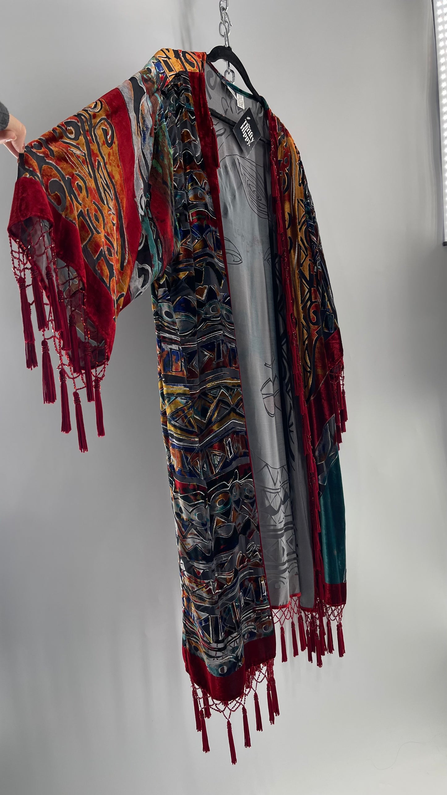 Vintage Burnout Buddhist Motif Velvet/Velour Beaded Fringe Duster Coat/Kimono with Tassel Sleeves and Hems (M/L)