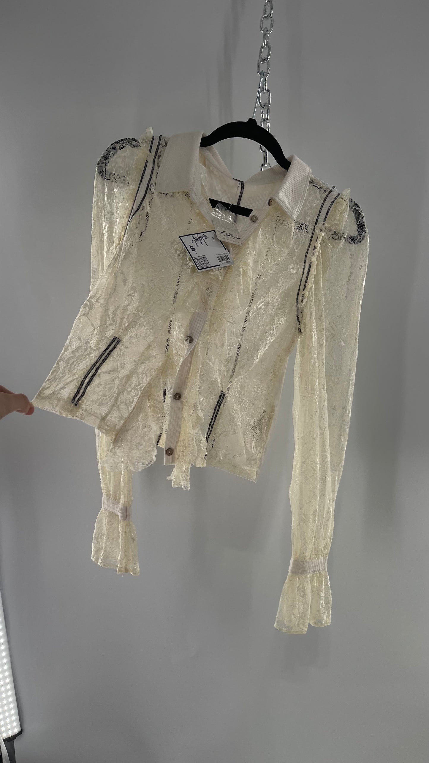 Free People White Lace/Ribbed BodyCon Button Up with Tags Attached (Large)