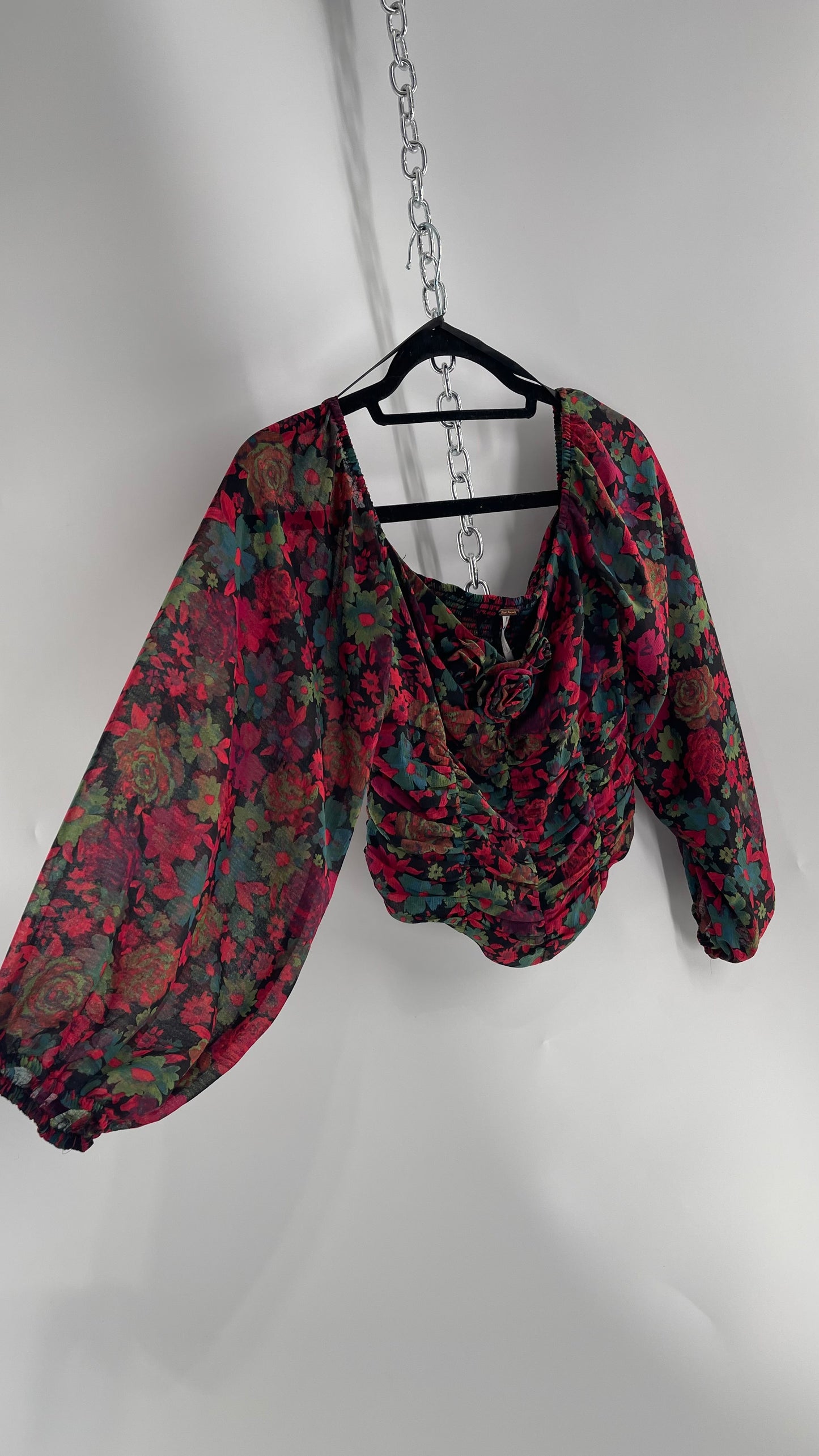 Free People Cropped Floral Blouse with Ruched Body, Balloon Sleeves and Appliqué Rosette Bustline with Tags Attached (Small)