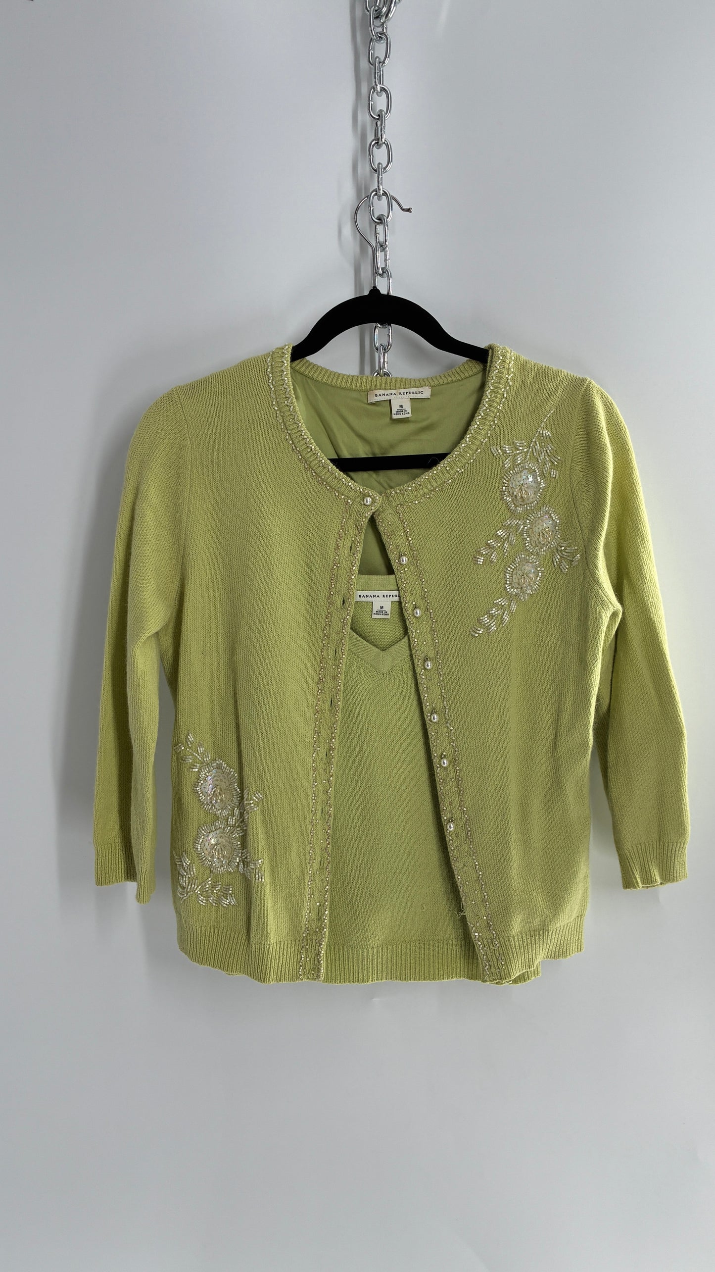 Vintage Banana Republic Bedazzled, Beaded Lime Green Cardigan and Knit Tank Set (Medium)