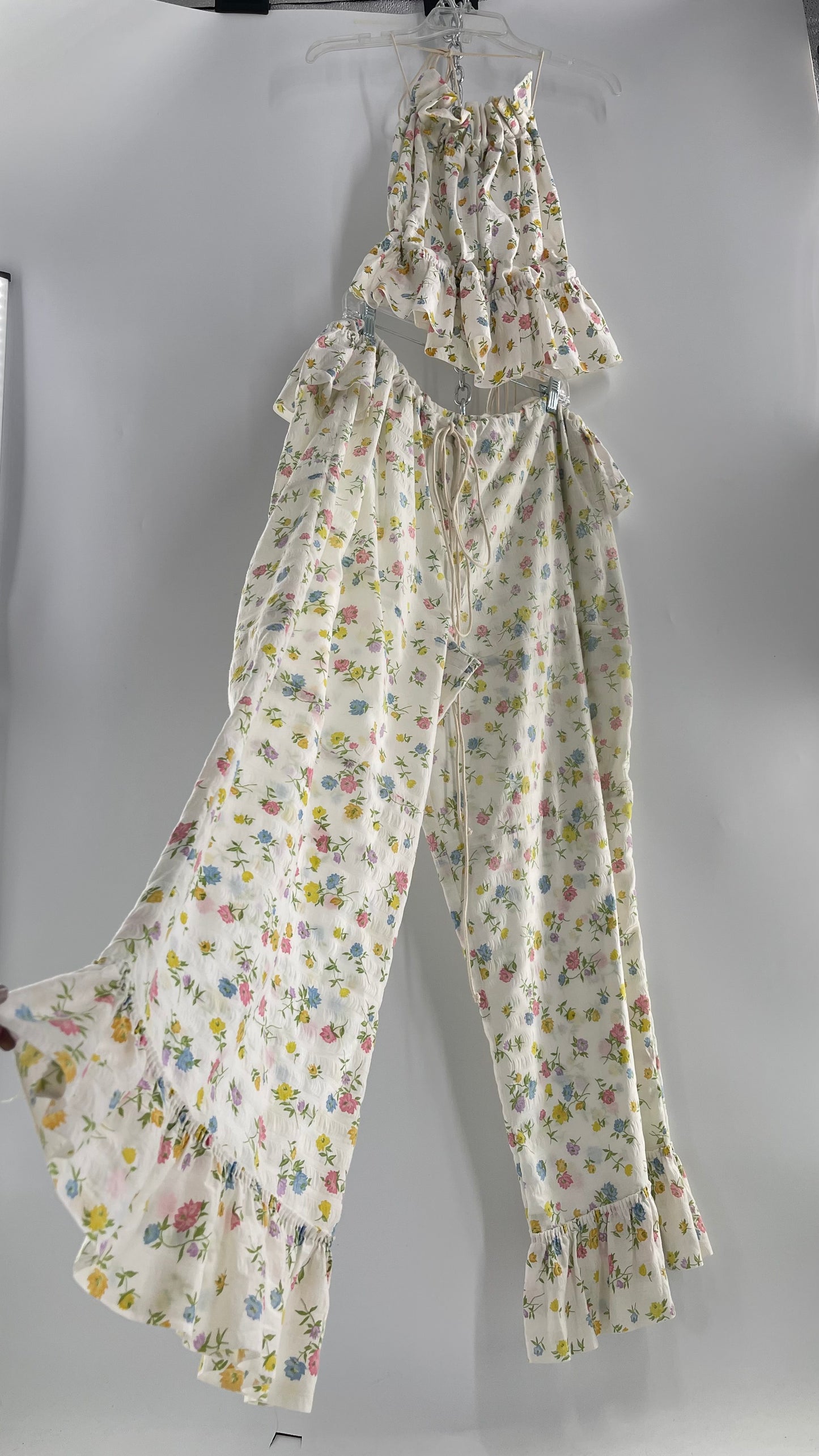Remade* Vintage 2 Piece Floral Babydoll Set with Adjustable Top and Adjustable Pants Featuring Bow Sides and Ruffles Bum (One Size)