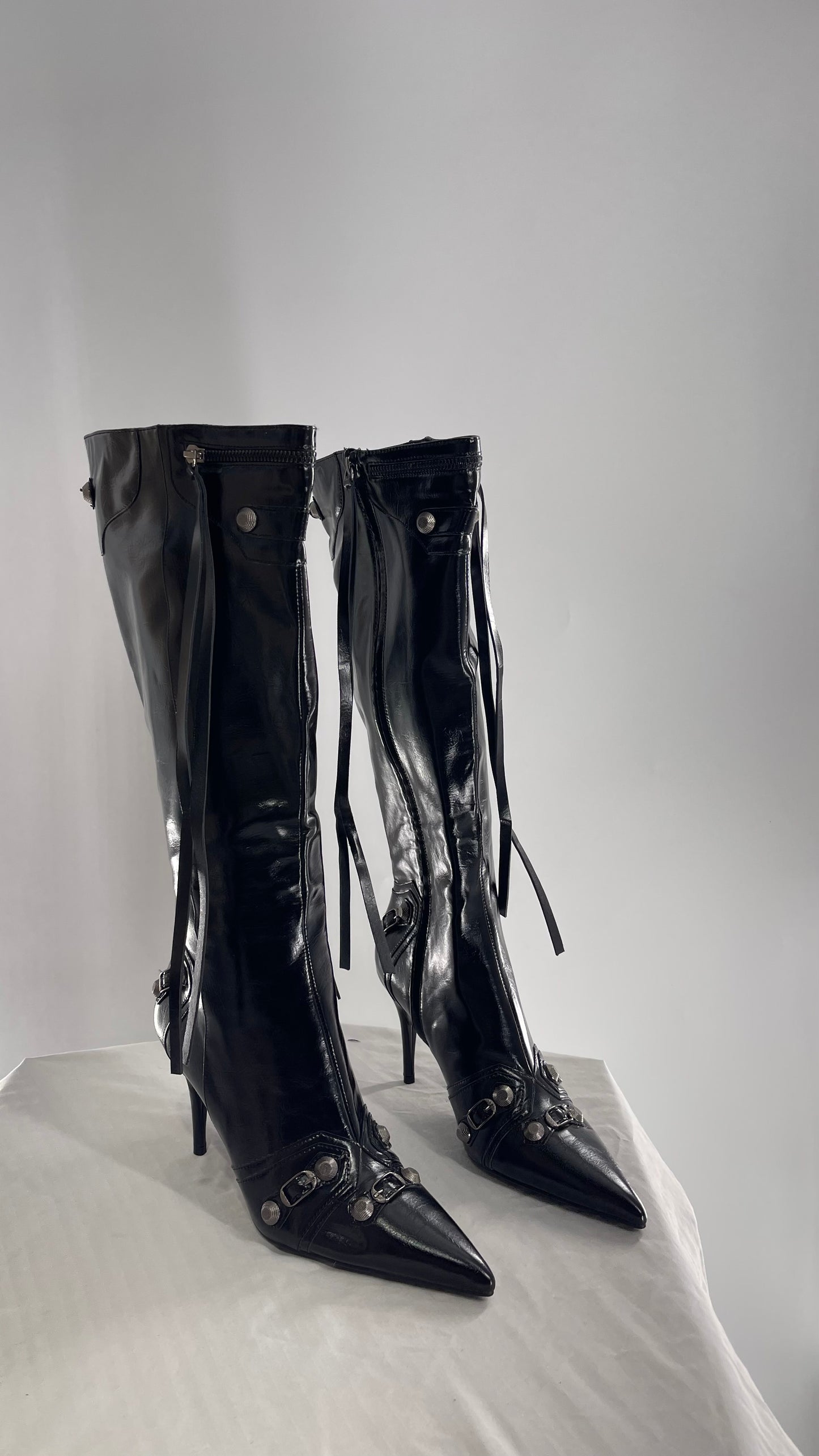 Black Pointed Toe Strappy Heeled Knee High Boots with Metal Hardware Details (10)