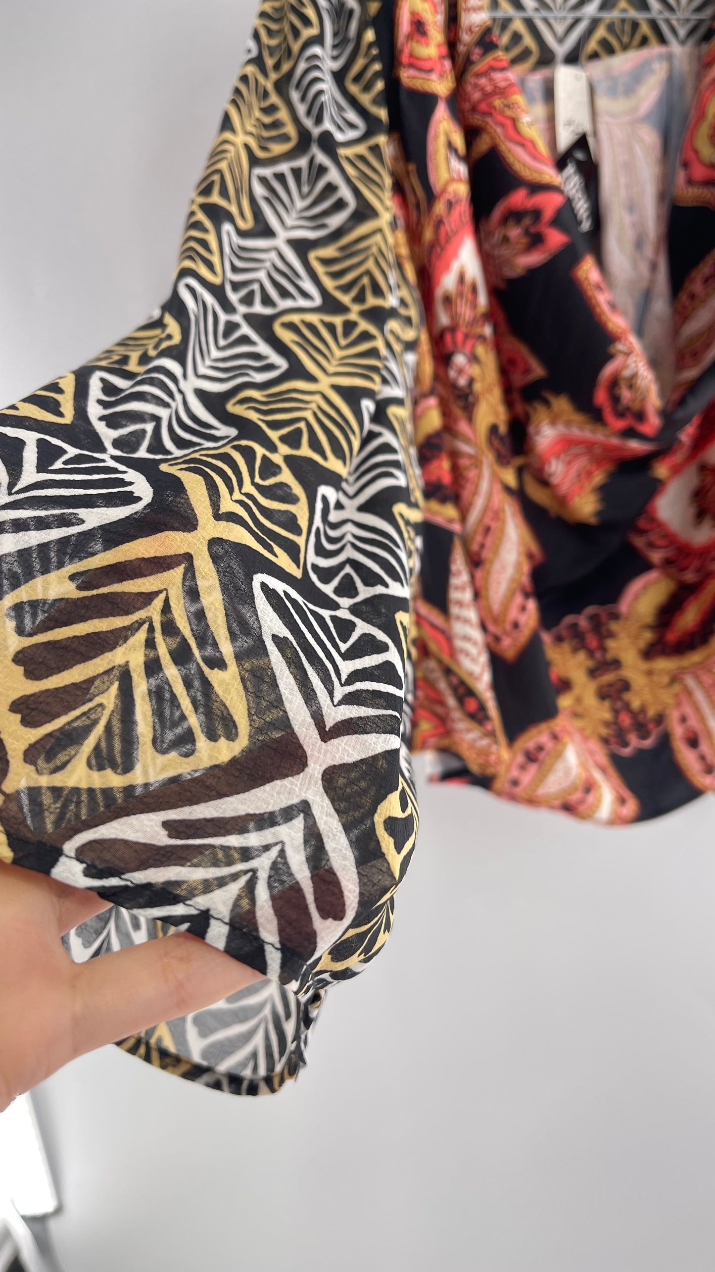 Free People Paisley Bodice Blouse with Sheer Contrast Sleeves, Draping Neckline and Tags Attached (Small)