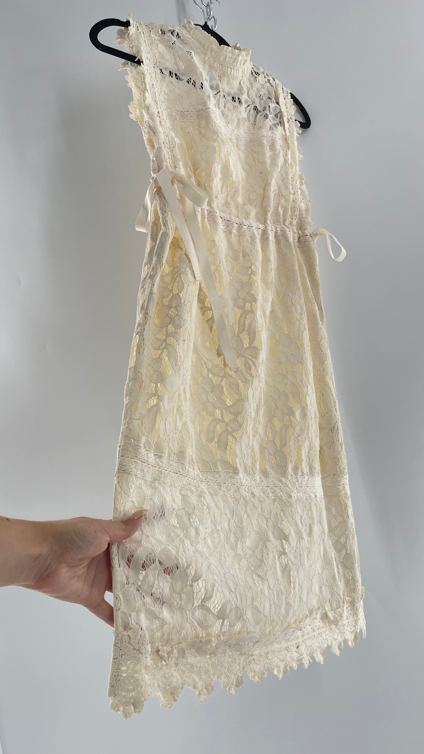 Eri + Ali Anthropologie Velvet Lace MIDI Dress with High Neckline and Side Bow Ties(XS)