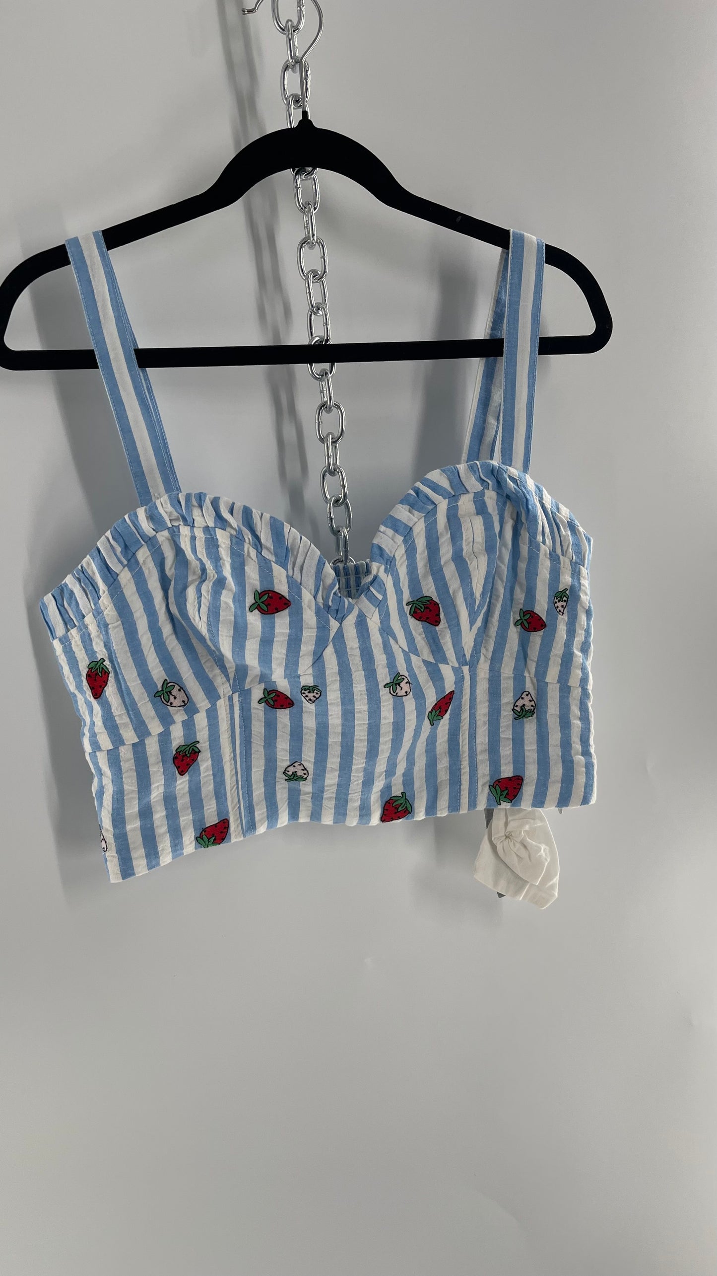 Maeve Anthropologie Baby Blue White Striped Corset Like Crop with Embroidered Strawberries (6)