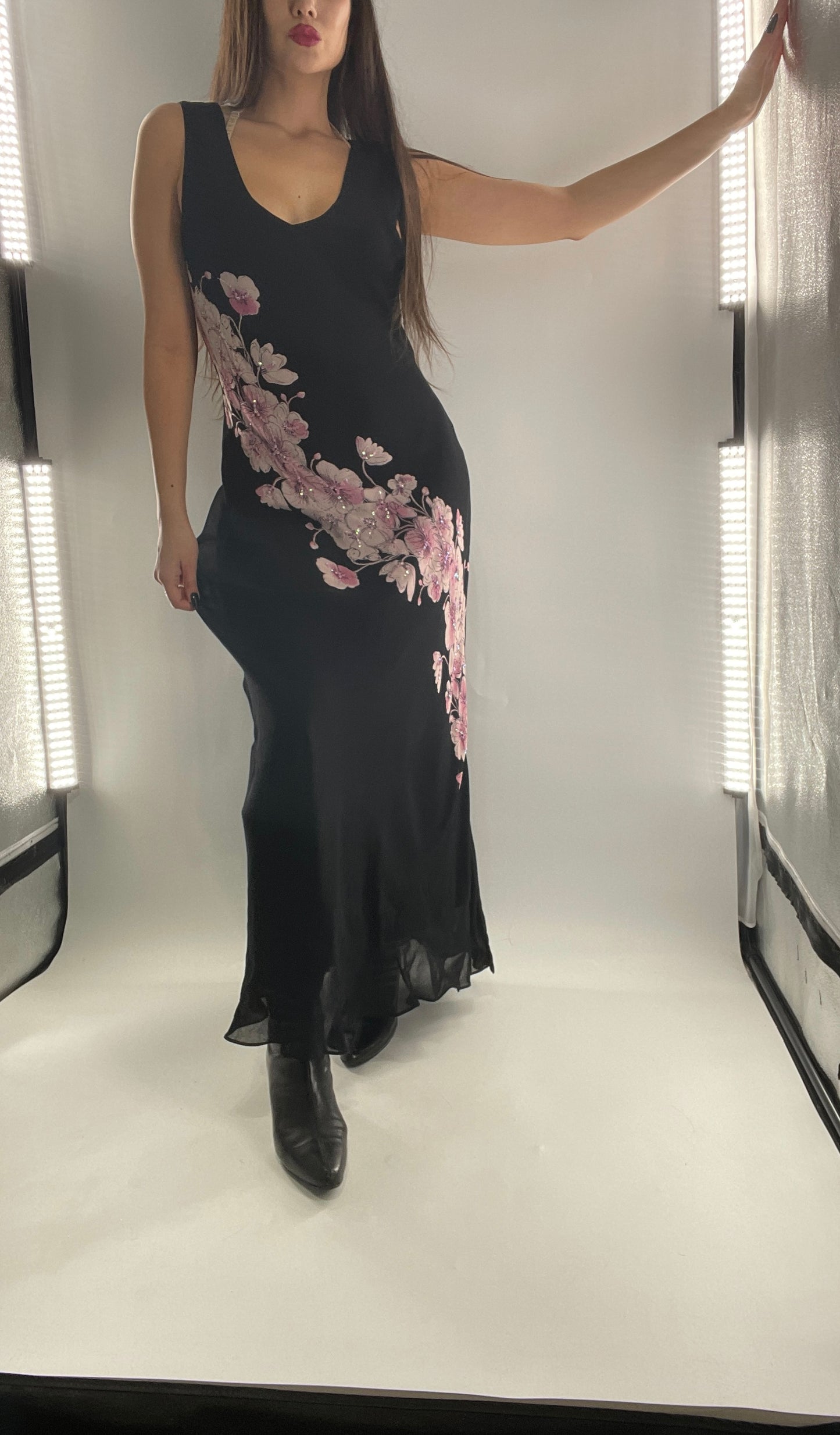 Vintage Dress Barn Black Slinky Maxi Dress with Pink Floral Graphic and Sequins (L)