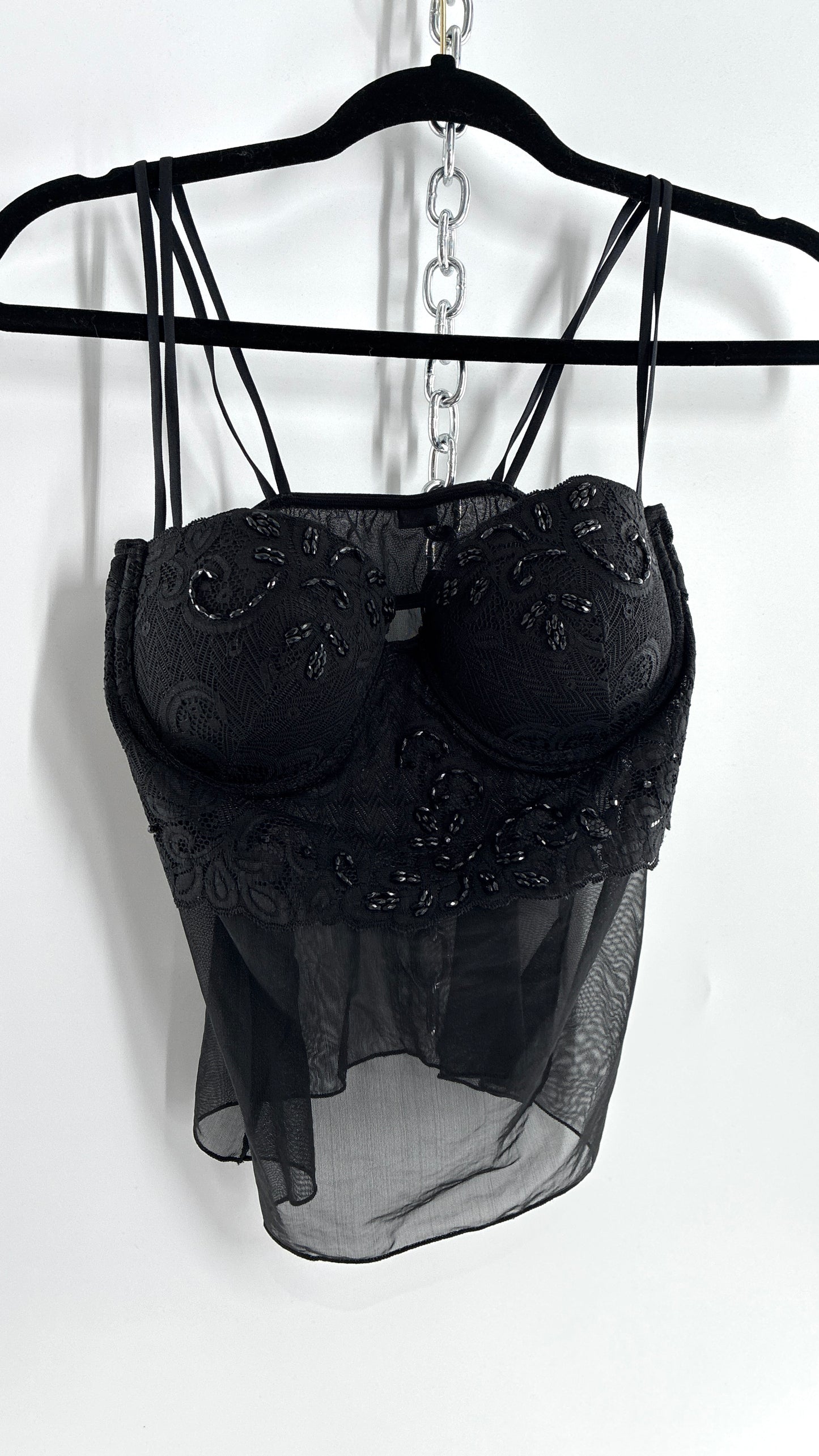 Vintage LA FRESCA Black Lace Bustier Babydoll with Mesh Bodice and Beaded Cups/Band (Large)