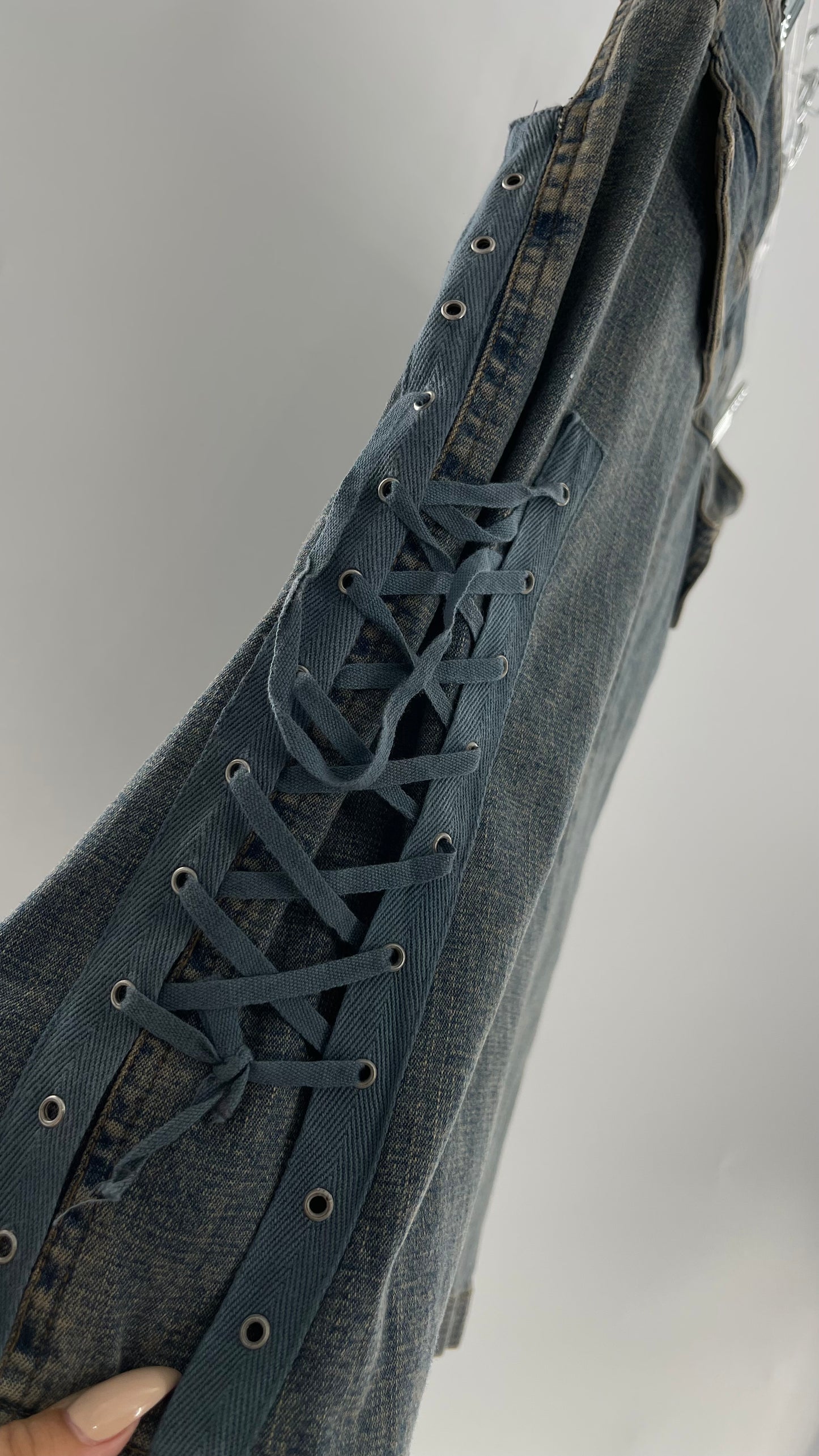 Vintage More Feminine w/o Limits Denim Skirt with Grommet Lace Up Sides and Fade (42)