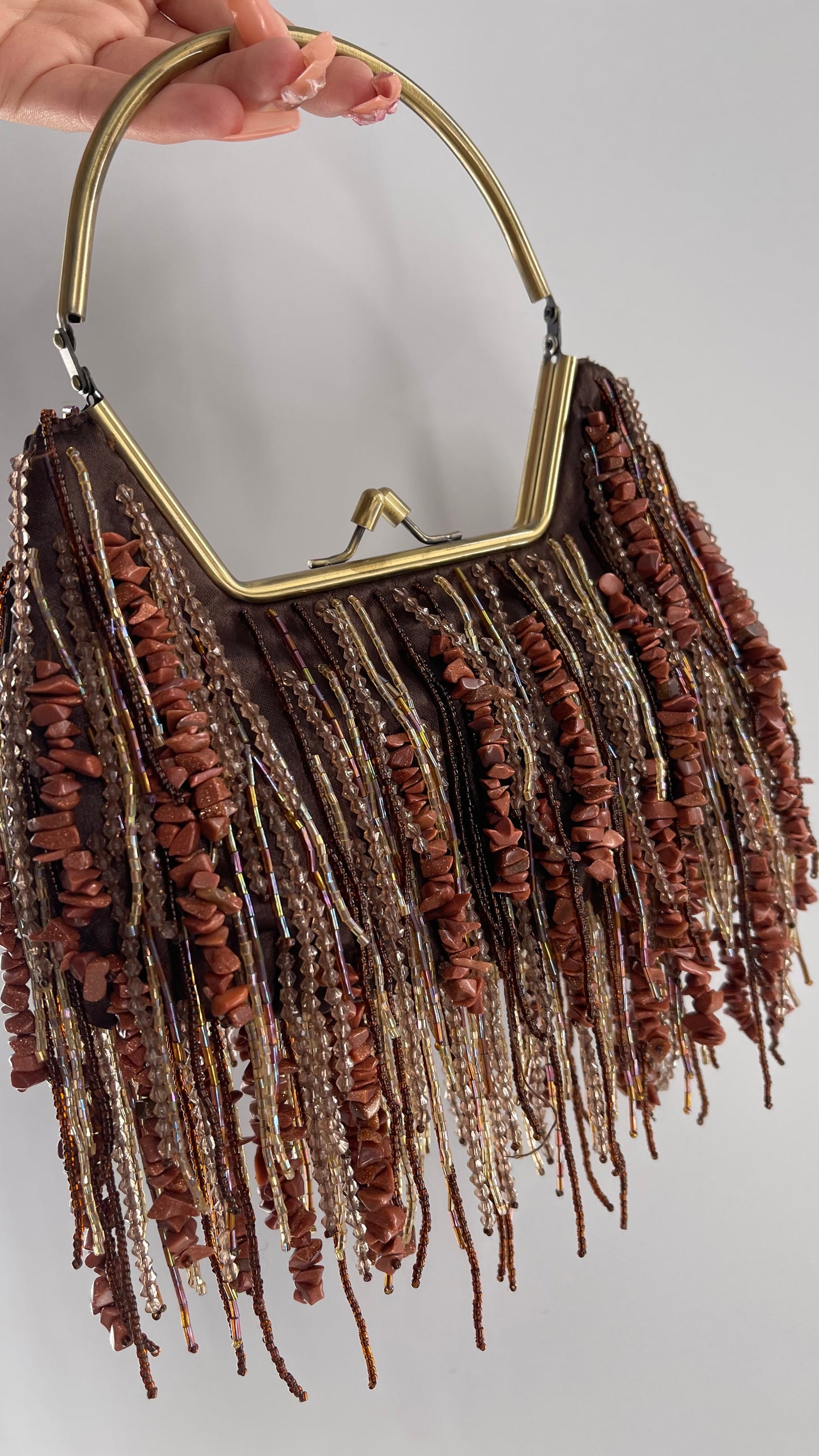 Vintage Purse Covered in Strands of Brown Beads and Reflective Stone Tassels