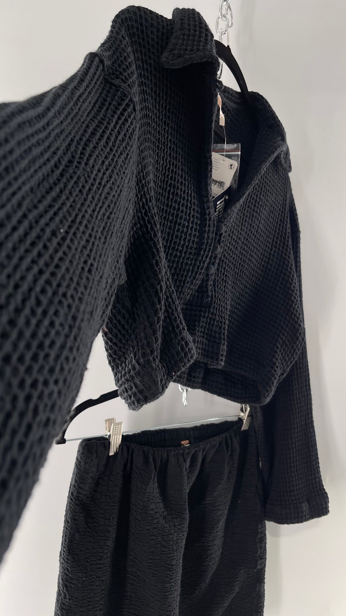 Free People Waffle Knit Black Cropped Button Up and Skirt Set with Tags Attached (Small)