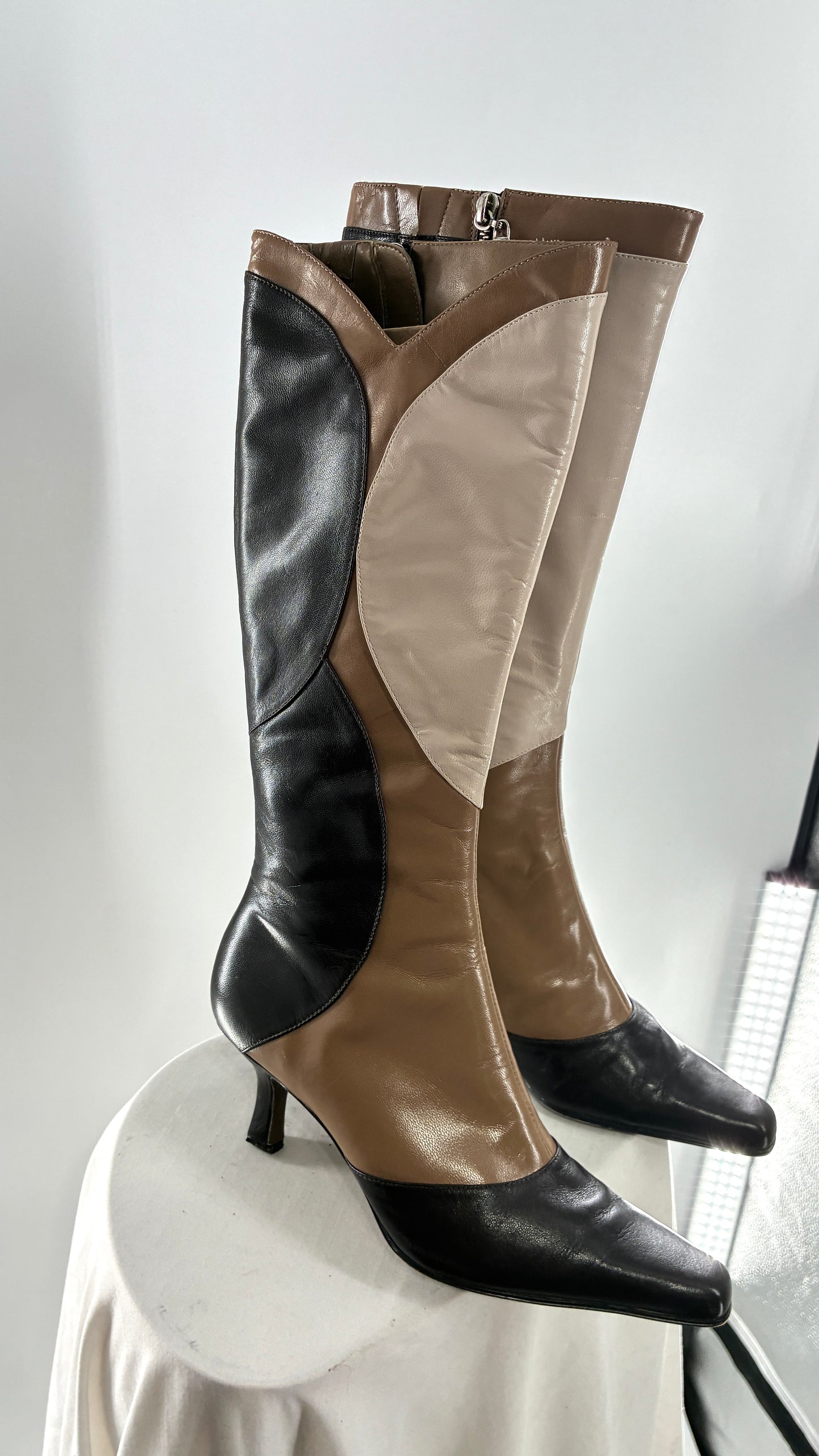 Vintage ANN MARINO Knee High Pointed Toe Abstract Patchwork Boots (6.5)