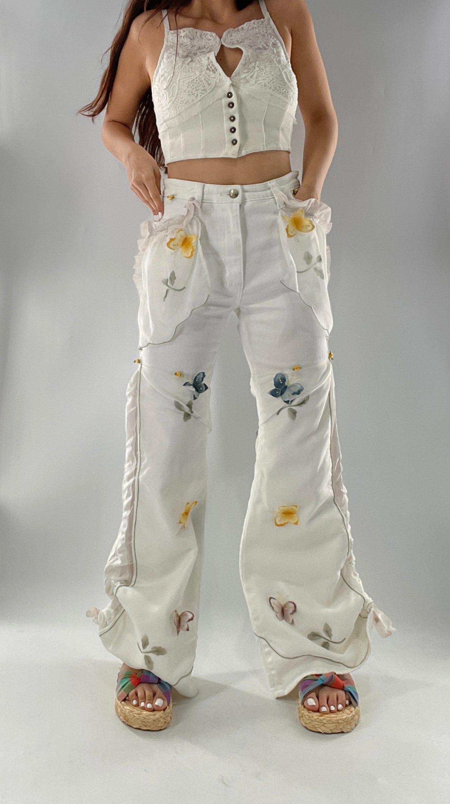 Remade Upcycled Lee White Jeans with Drawstring Adjustable Length, Lace Trim Pockets, Embroidery and Appliqué Details (27)