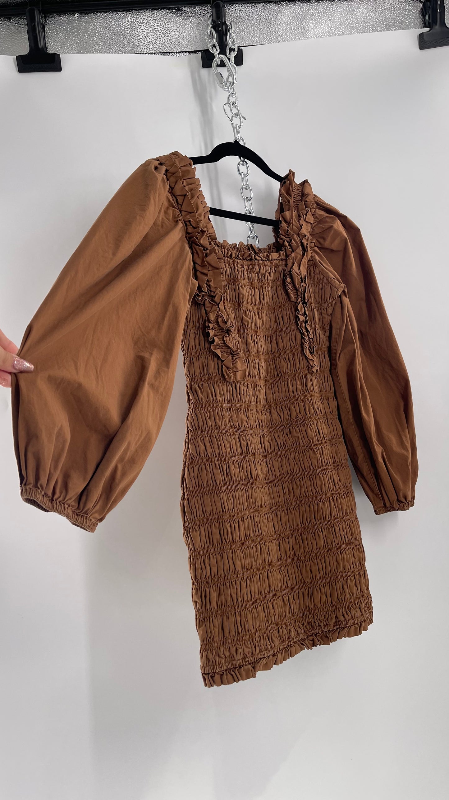 Endless Rose Anthropologie Brown Smocked Ruffle Front Puff Sleeve Mini Dress (Medium)