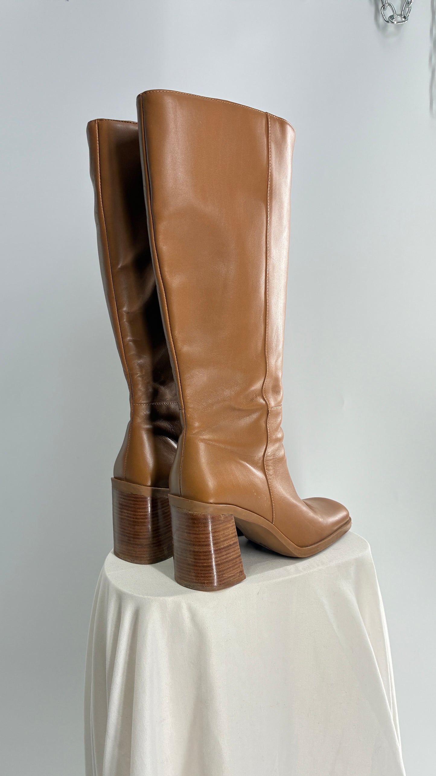 Vintage Strive Genuine Leather Square Toe Knee High Boots with Chunky Block Heel Made in Uruguay (9.5)