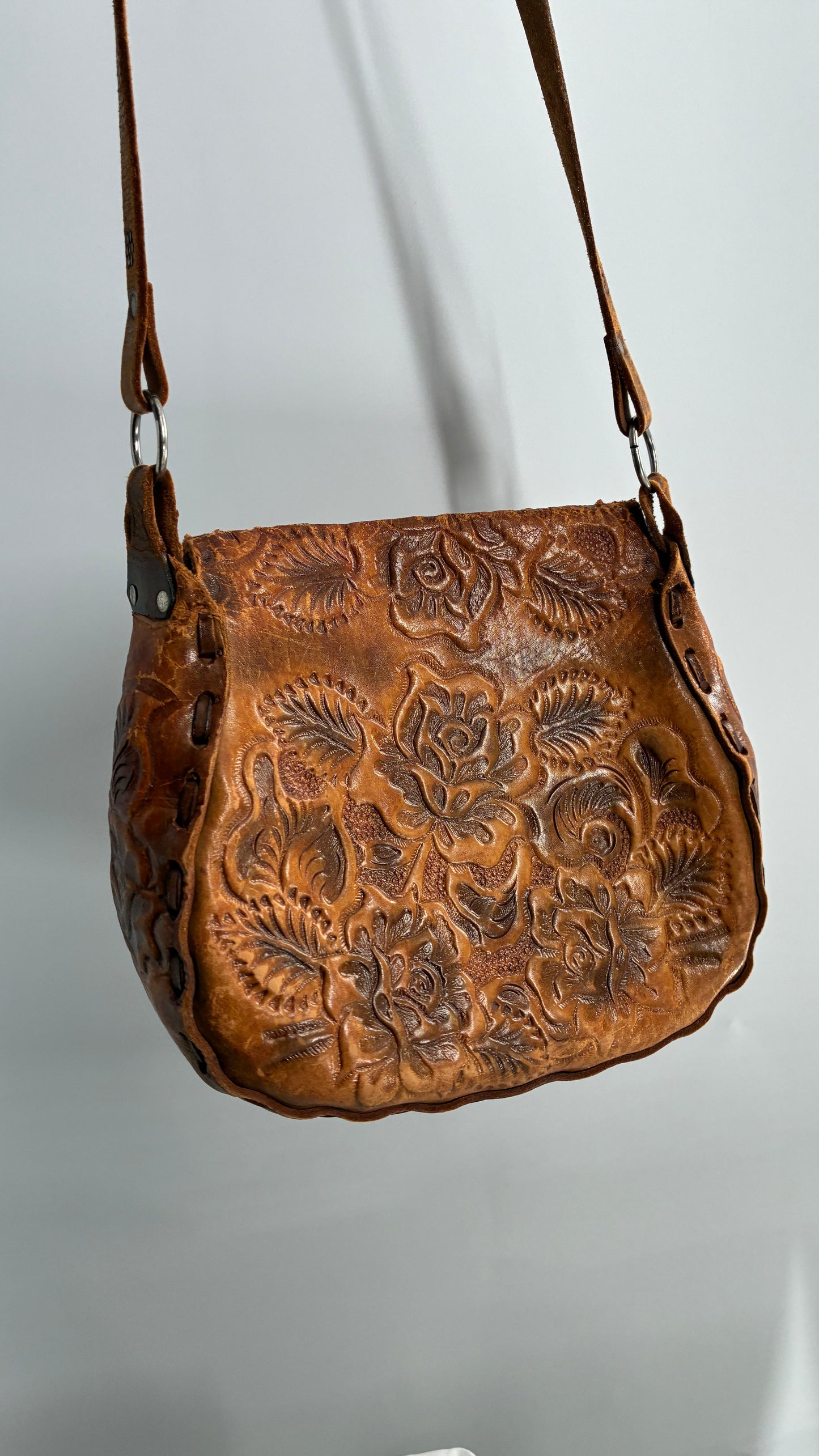Vintage Made in Mexico Rose Embossed Leather Satchel Bag with Debbie Signature