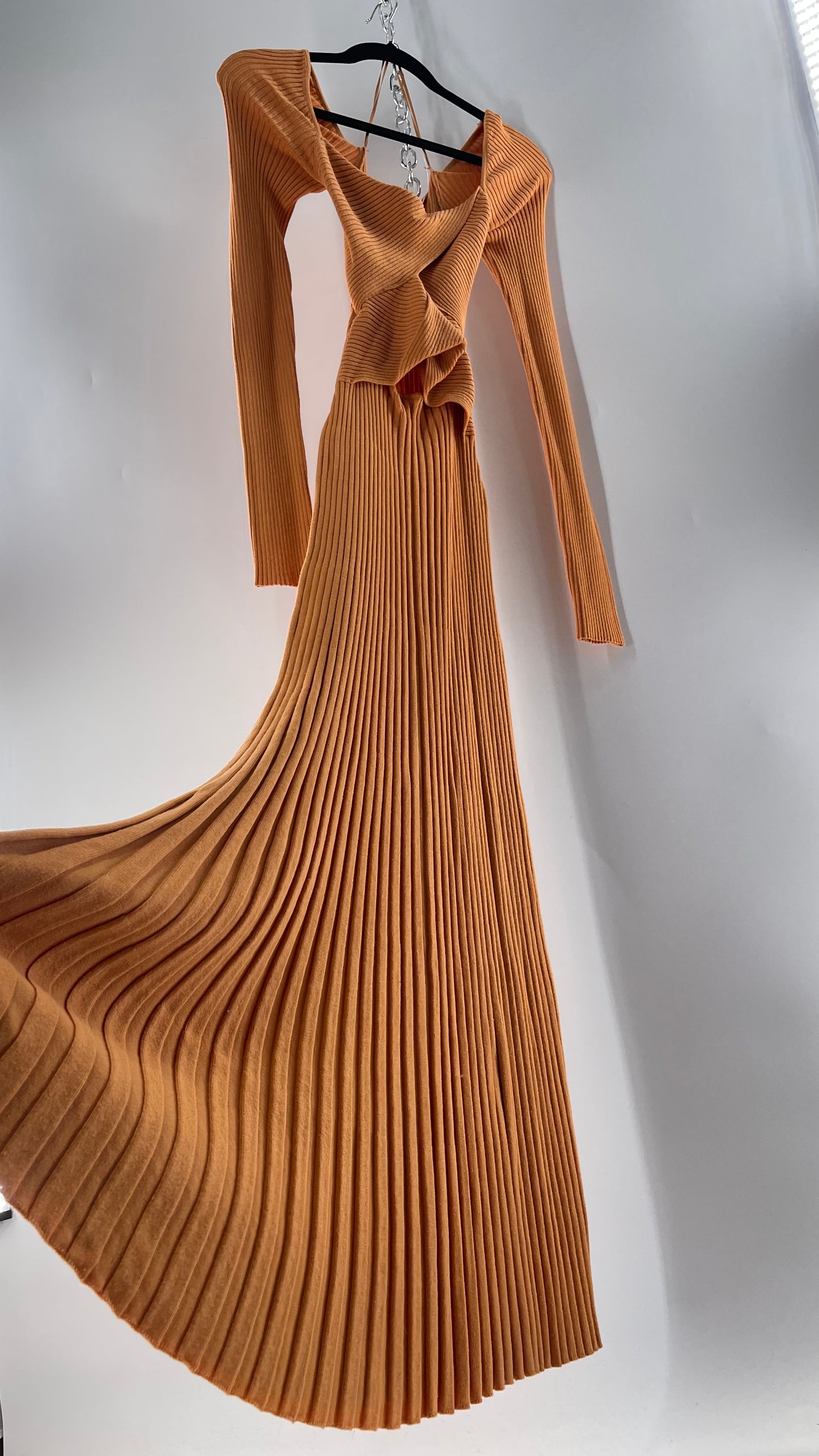 Free People Orange Ribbed Knit Maxi Dress with Cross Over Exposed Midriff Dress (Medium)