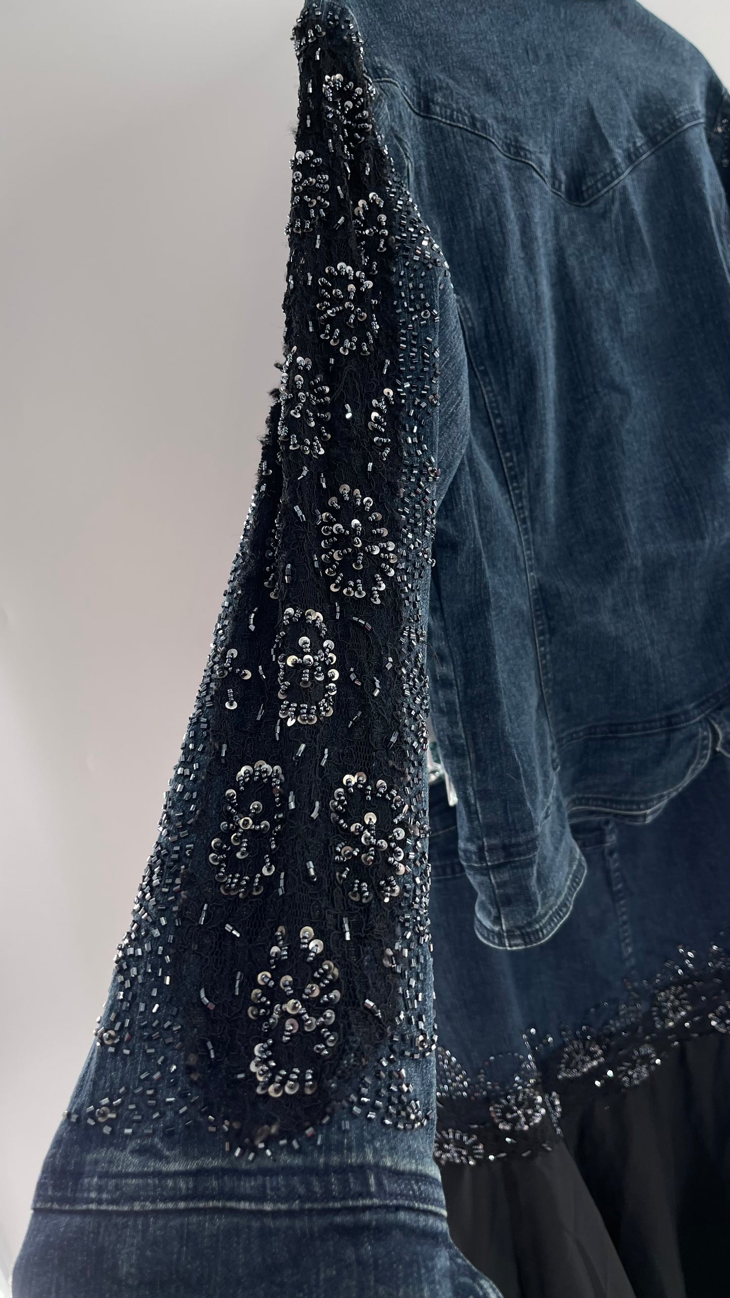 Vintage Ashley Stewart Denim Skirt and Button Up Set with Black Embroidered and Beaded Lace Details + Handkerchief Skirt (16W)