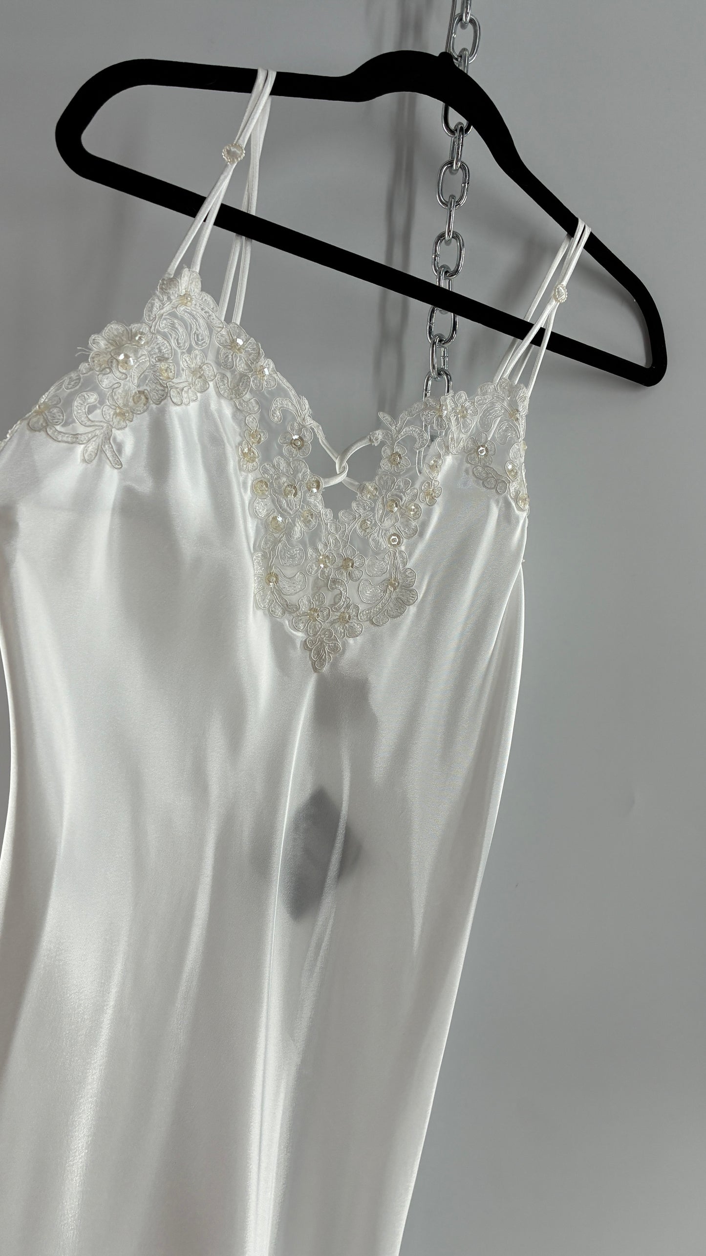 Vintage California Dynasty White Glossy, Silky Night Gown Style Dress with Sequined Lace Bustline (Small)