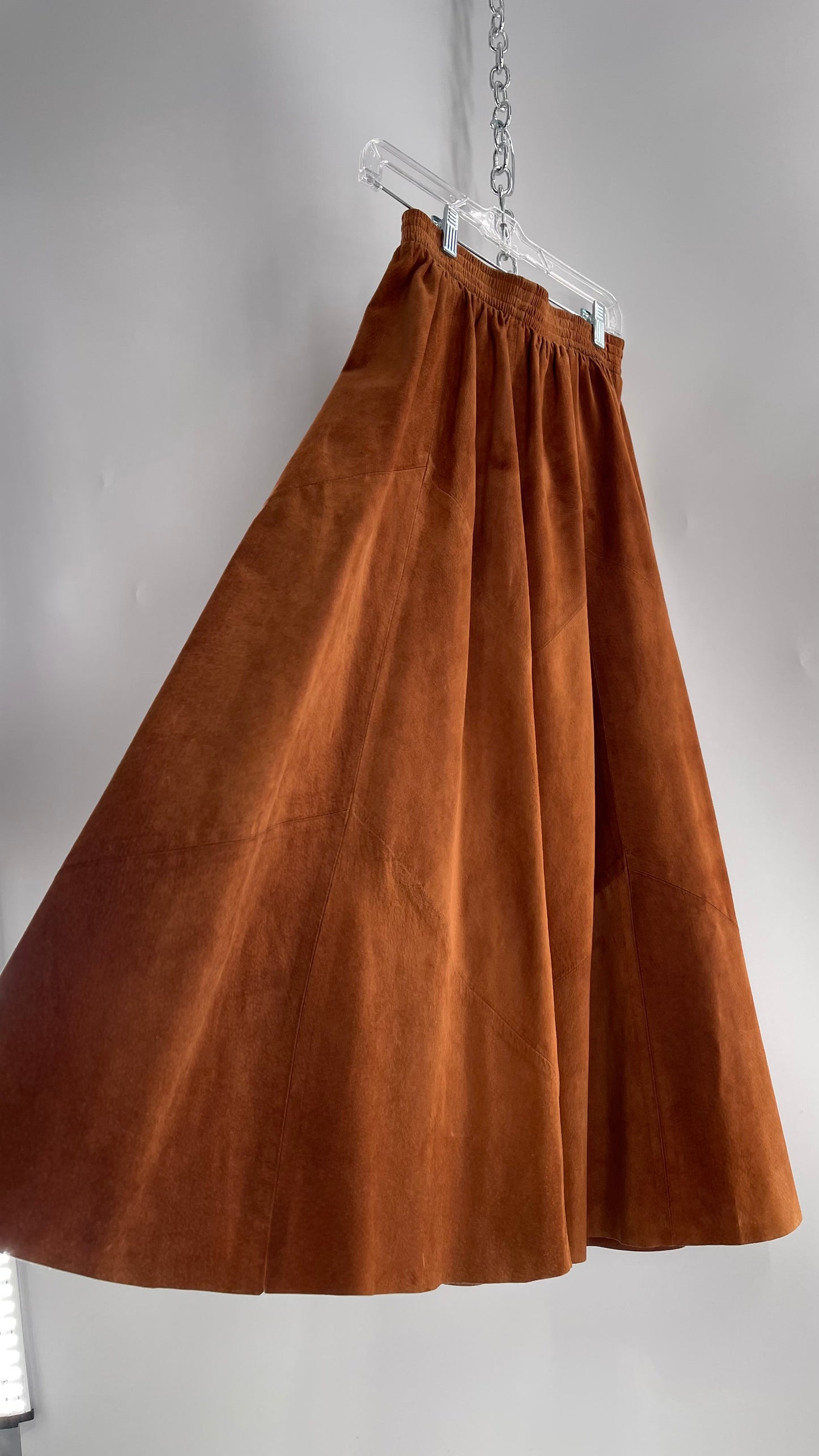 Vintage Brown Leather Suede Paneled Voluminous Skirt Assembled in Mexico (S)
