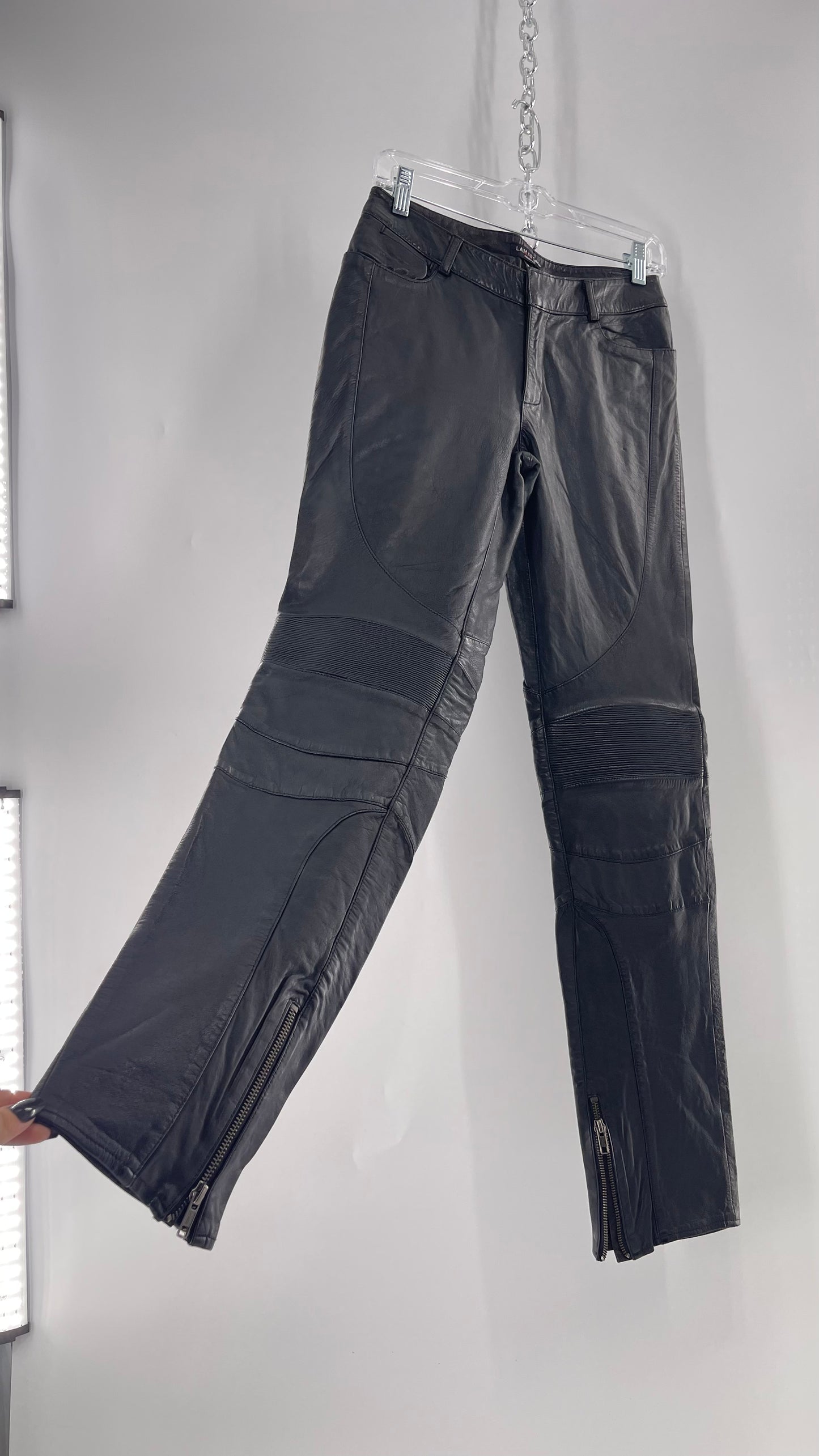 LAMARQUE 1990s Collection Vintage Black Leather Moto Style Pant with Panels, Ribbing and Zipper Details (6)