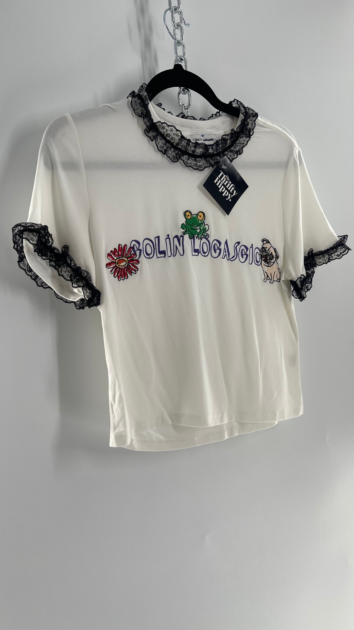 Colin Locascio Tannie T Shirt White Black Lace Ruffle Sleeves Frog Embroidery (Small)