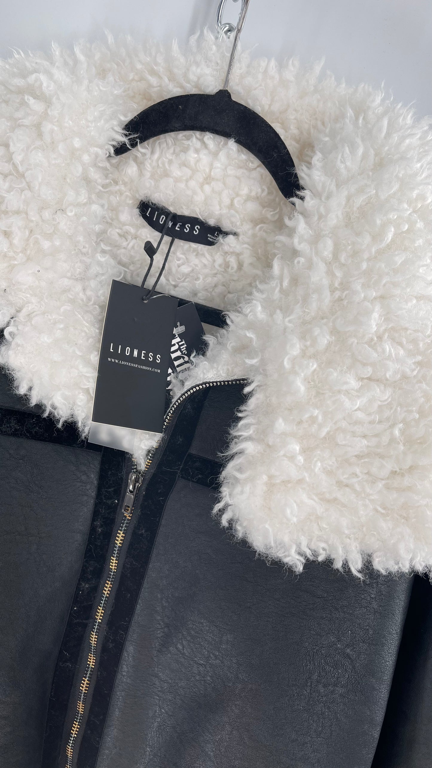 LIONESS Phoenix Jacket Black Faux Leather White Fur Trim (Large)