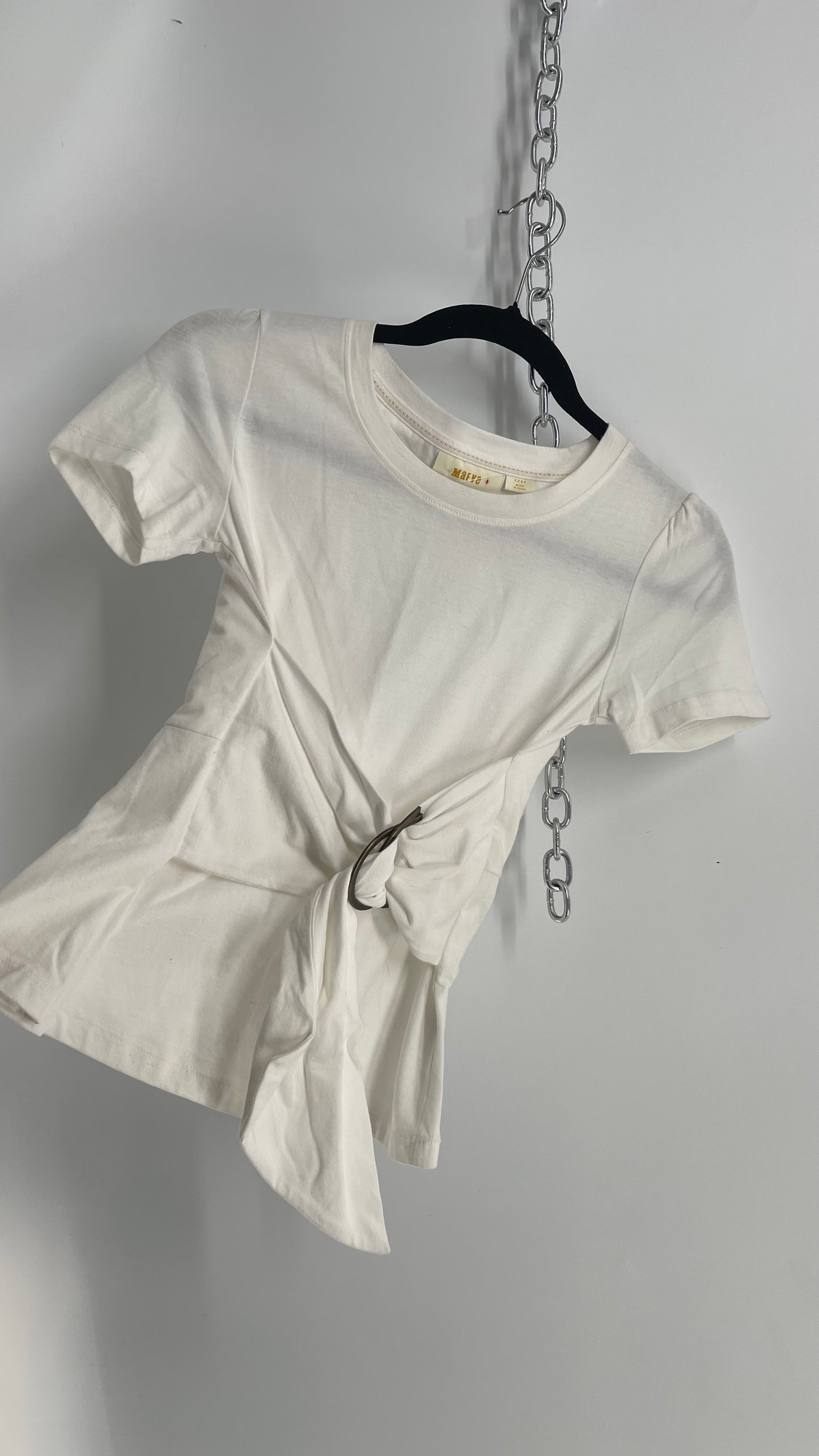 Maeve By Anthropologie Short Sleeve T Shirt, 100% Cotton with Metal Buckle and Fabric Sash Across Waist Size (XXS)