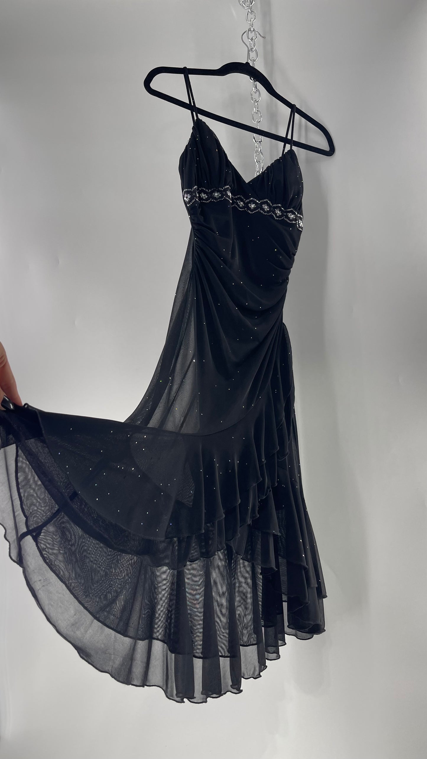 Vintage Taboo Midi Dress with Iridescent Sequins with Lace Underbust Detail, High Low Silhouette and Frills (Medium)
