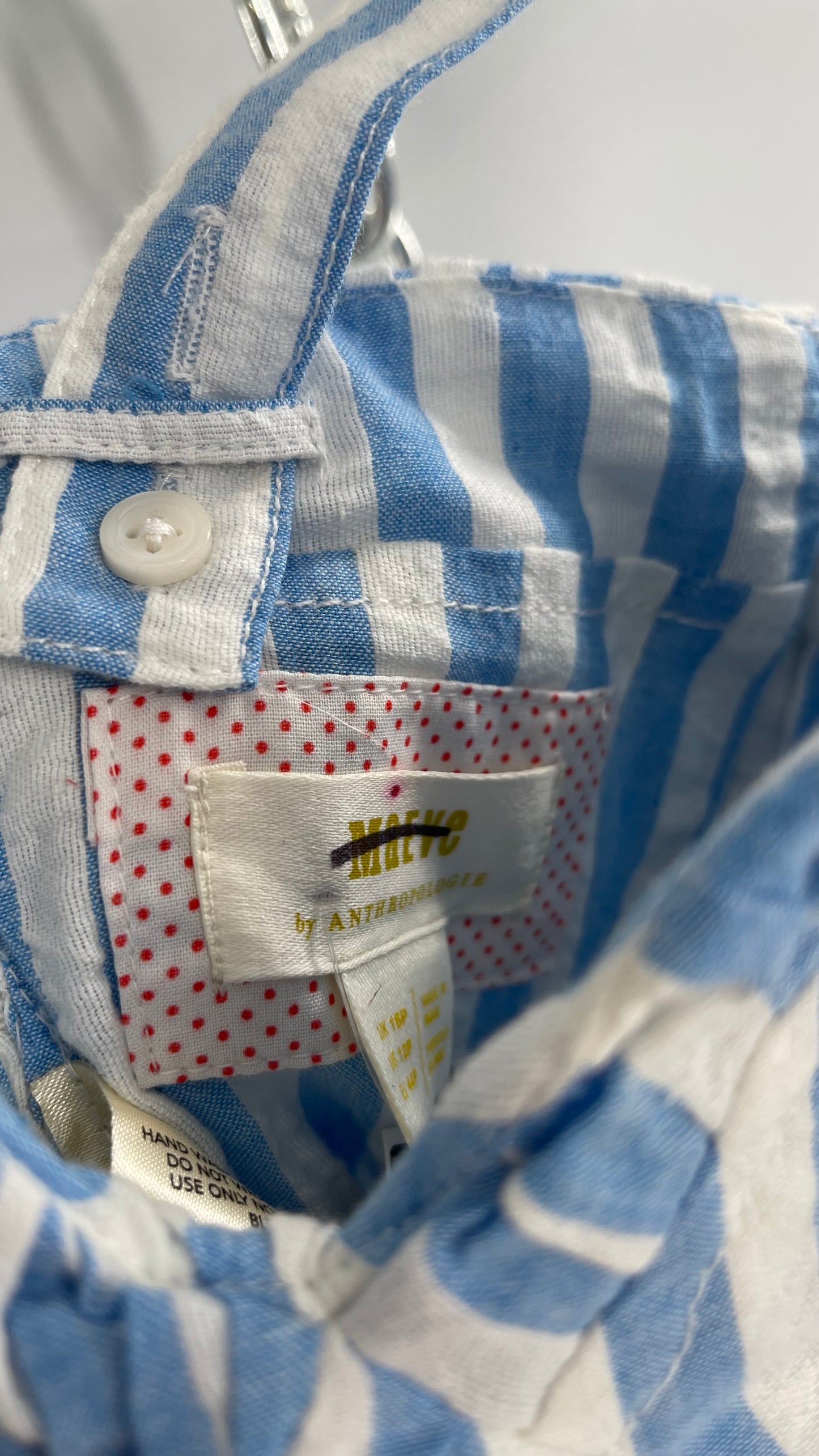 Maeve Anthropologie Baby Blue White Striped Corset Like Crop with Embroidered Strawberries (6)