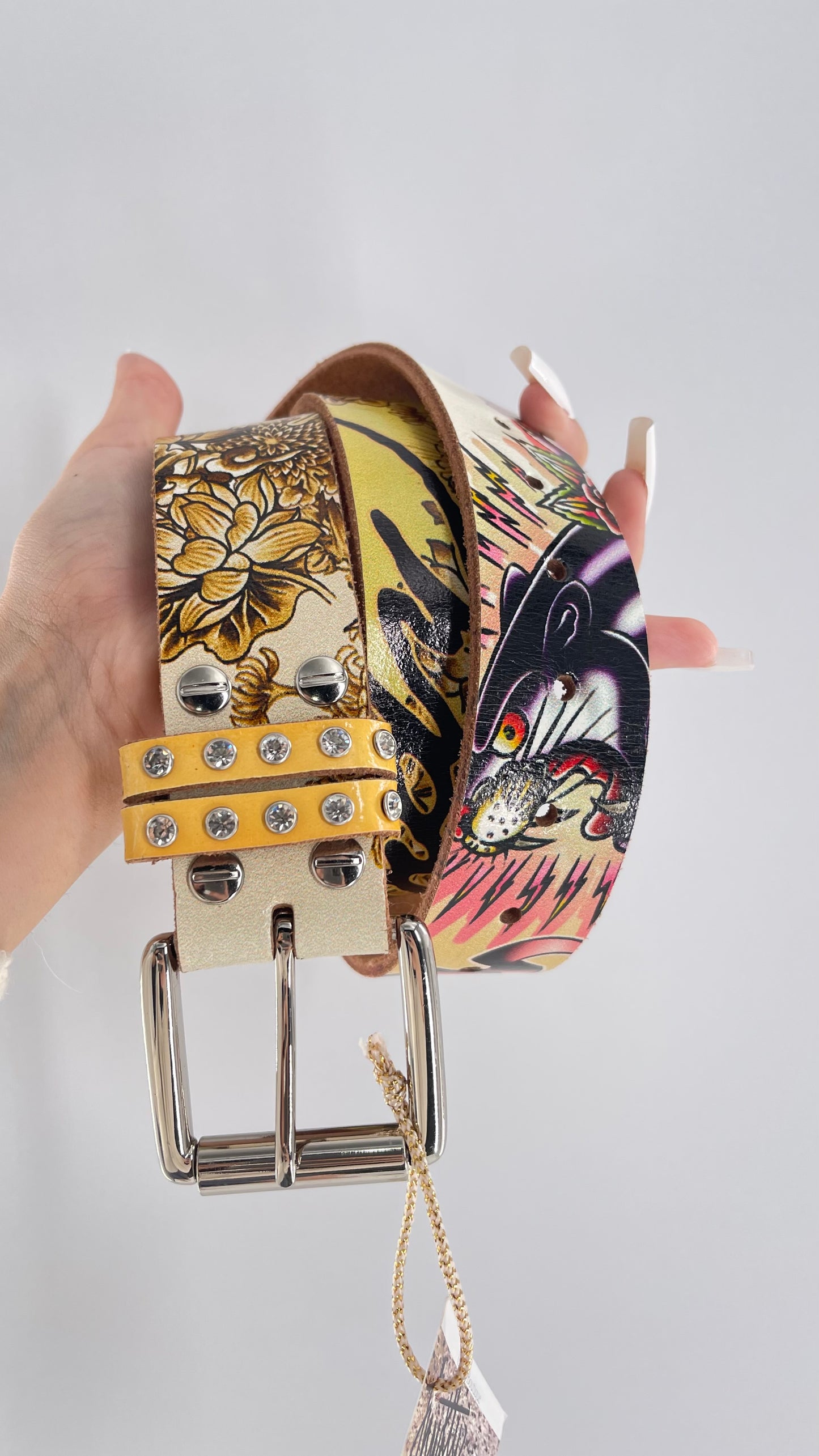 Ed Hardy Genuine Leather Belt with Rhinestones and Jaguars (M)