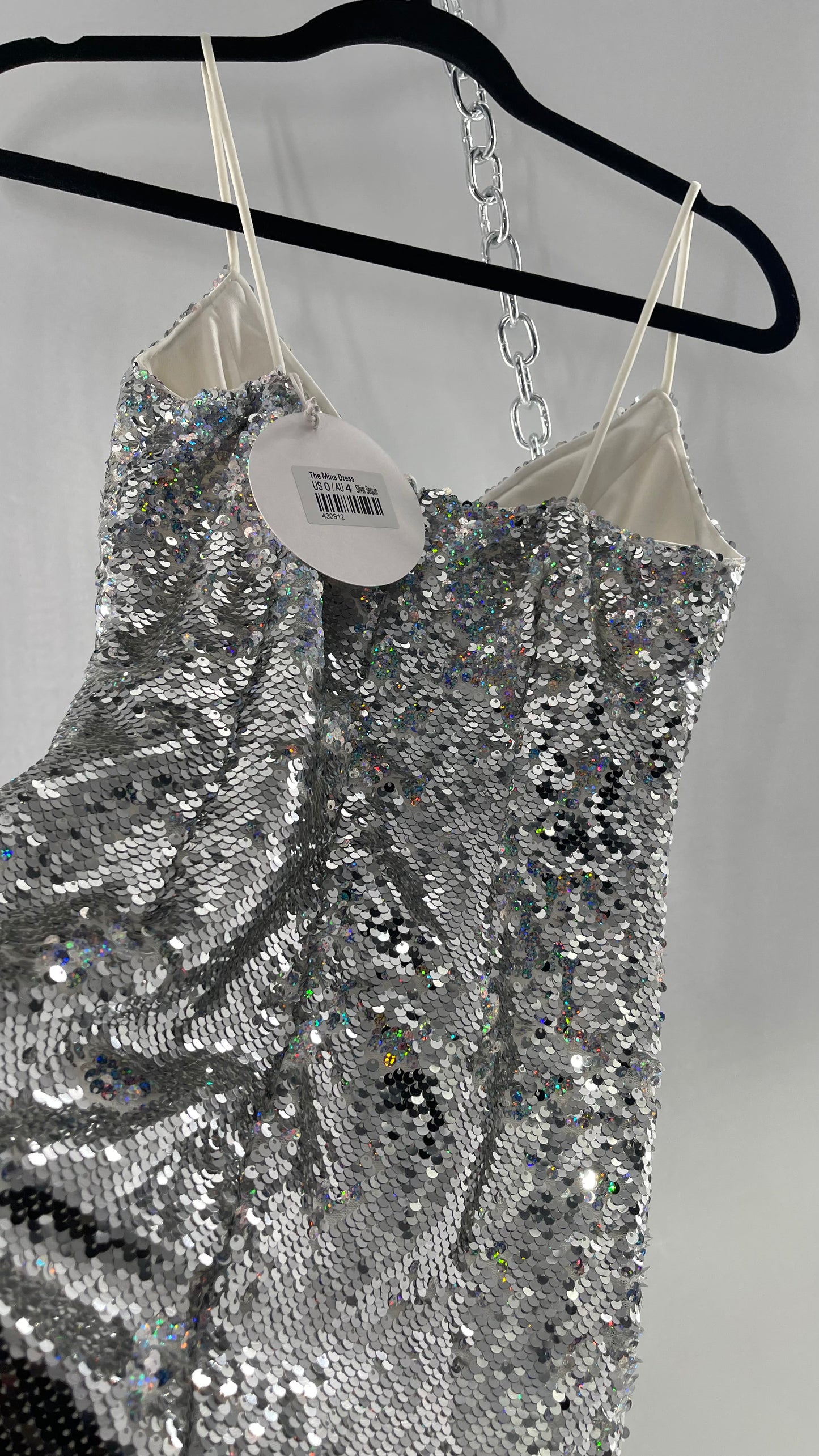 Princess Polly Silver Iridescent Sequin Mini Dress with Triangle Cups and Thigh Slit (0)