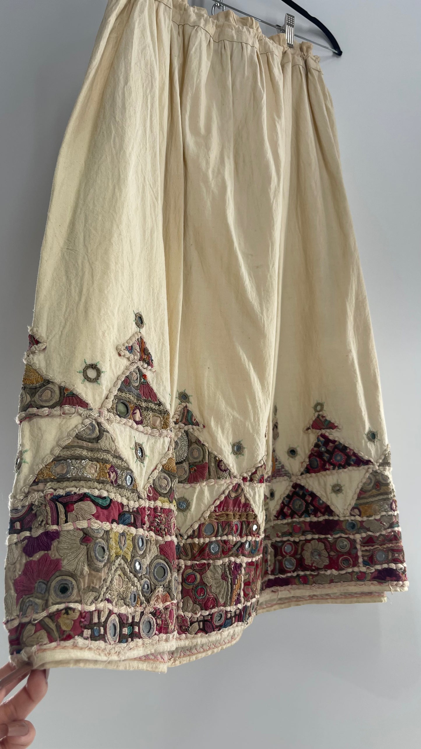 Vintage Imported Hand Stitched Skirt with Embroidered, Patchwork and Mirror Details (S/M Drawstring Waist)