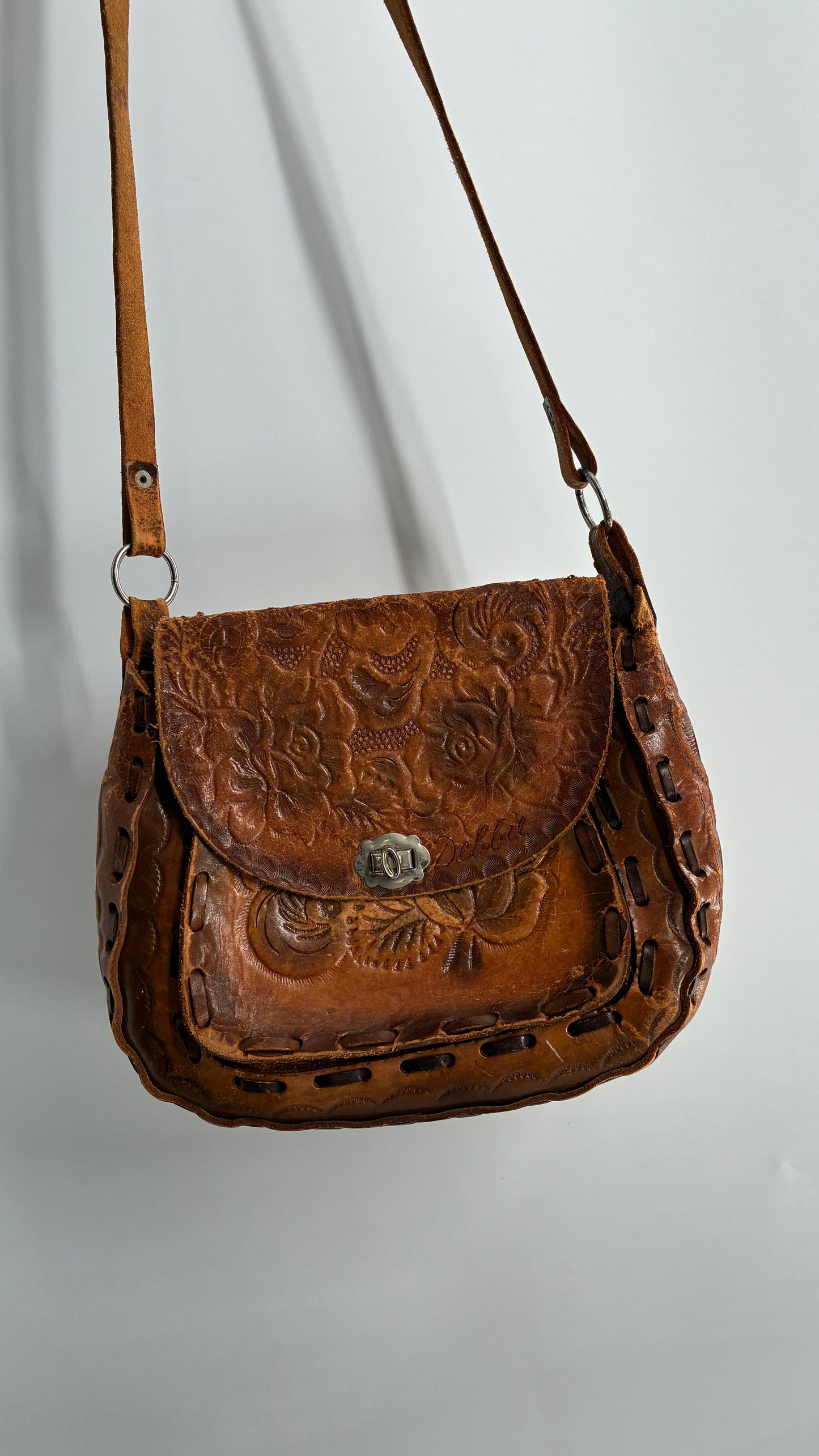 Vintage Made in Mexico Rose Embossed Leather Satchel Bag with Debbie Signature