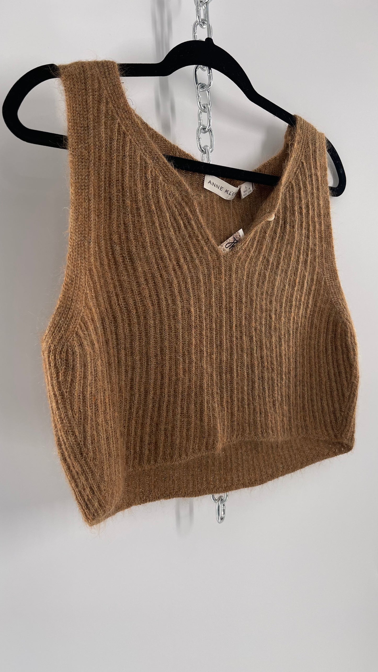 Vintage Anne Klein 42% Mohair Tan Knit Tank with Gold Tinsel (Large)