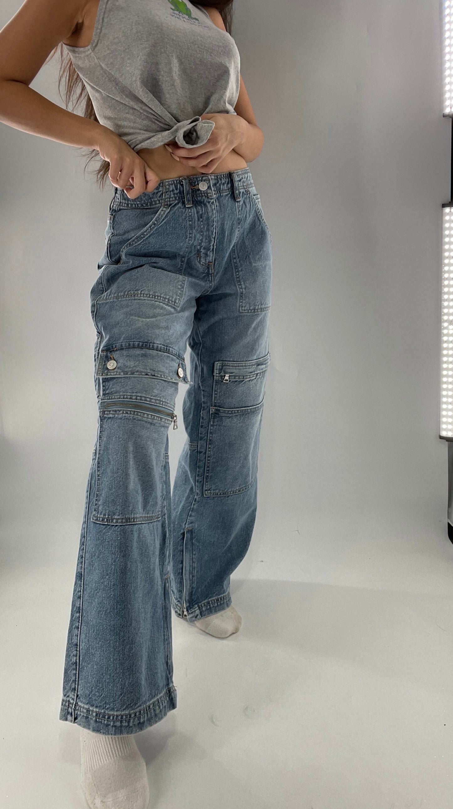 Free People Wide Leg Cargo Jeans Covered in Pockets, Zippers and stitching (27)