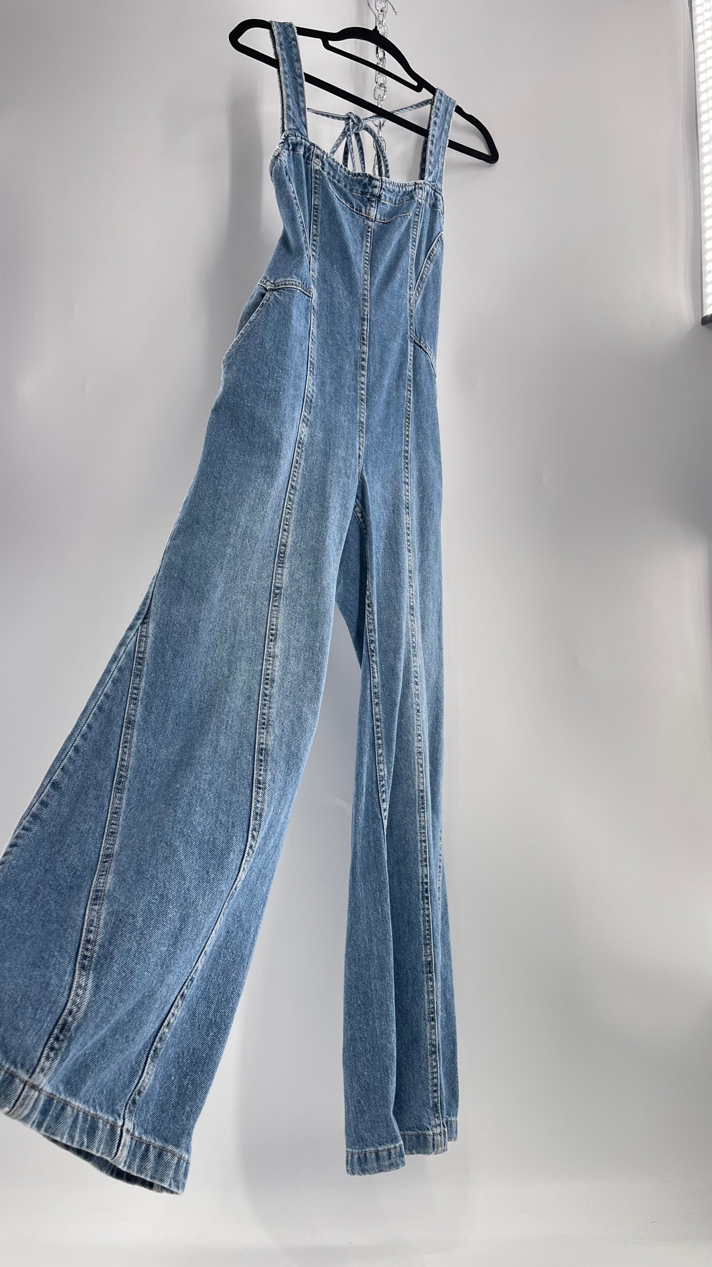Free People Denim Backless Wide Leg Jumpsuit with Tags Attached (Small)