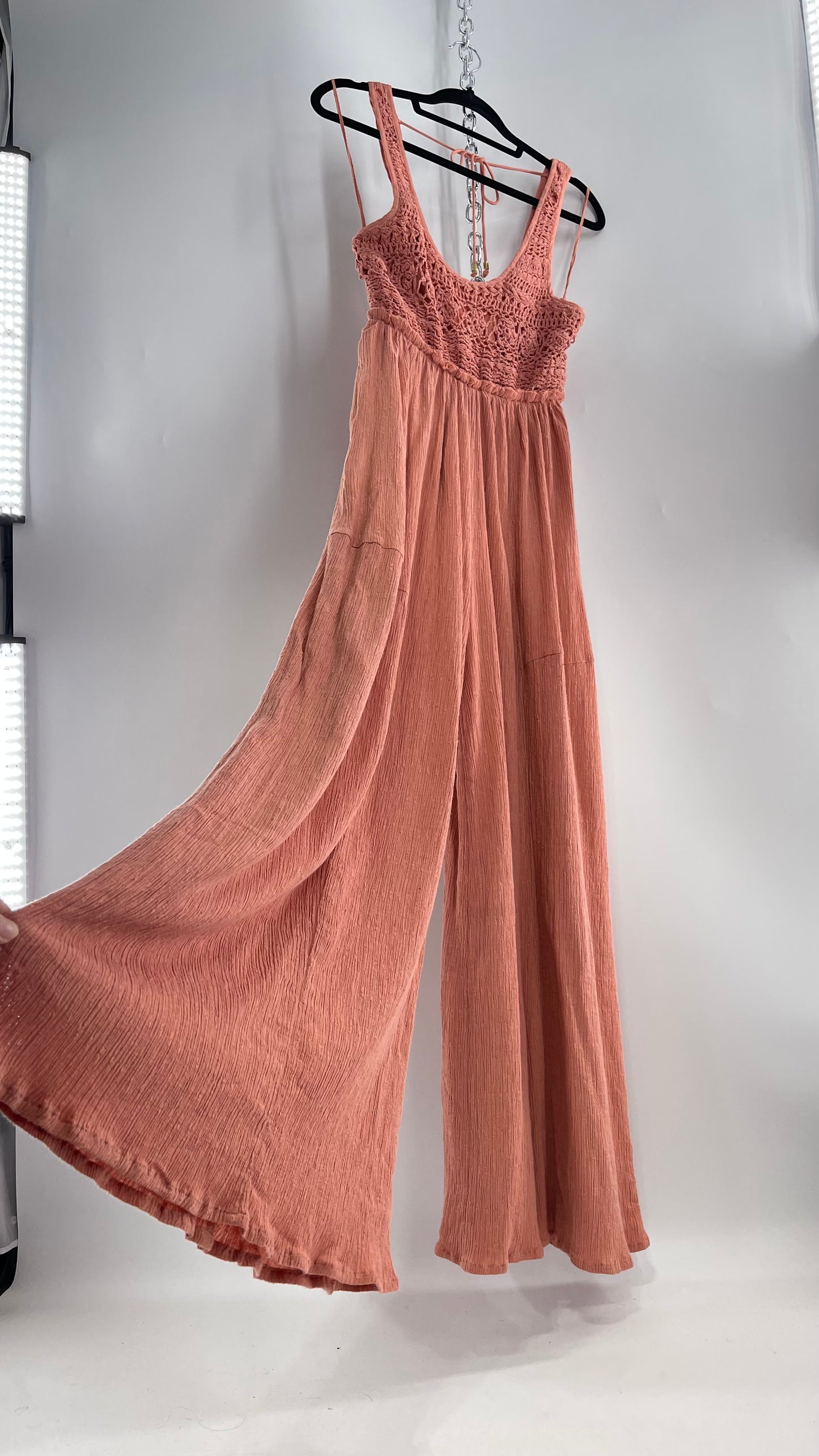 Free People Rose/Peach Pink Wide Leg Jumpsuit with Crochet Bust and Tags Attached (XS)