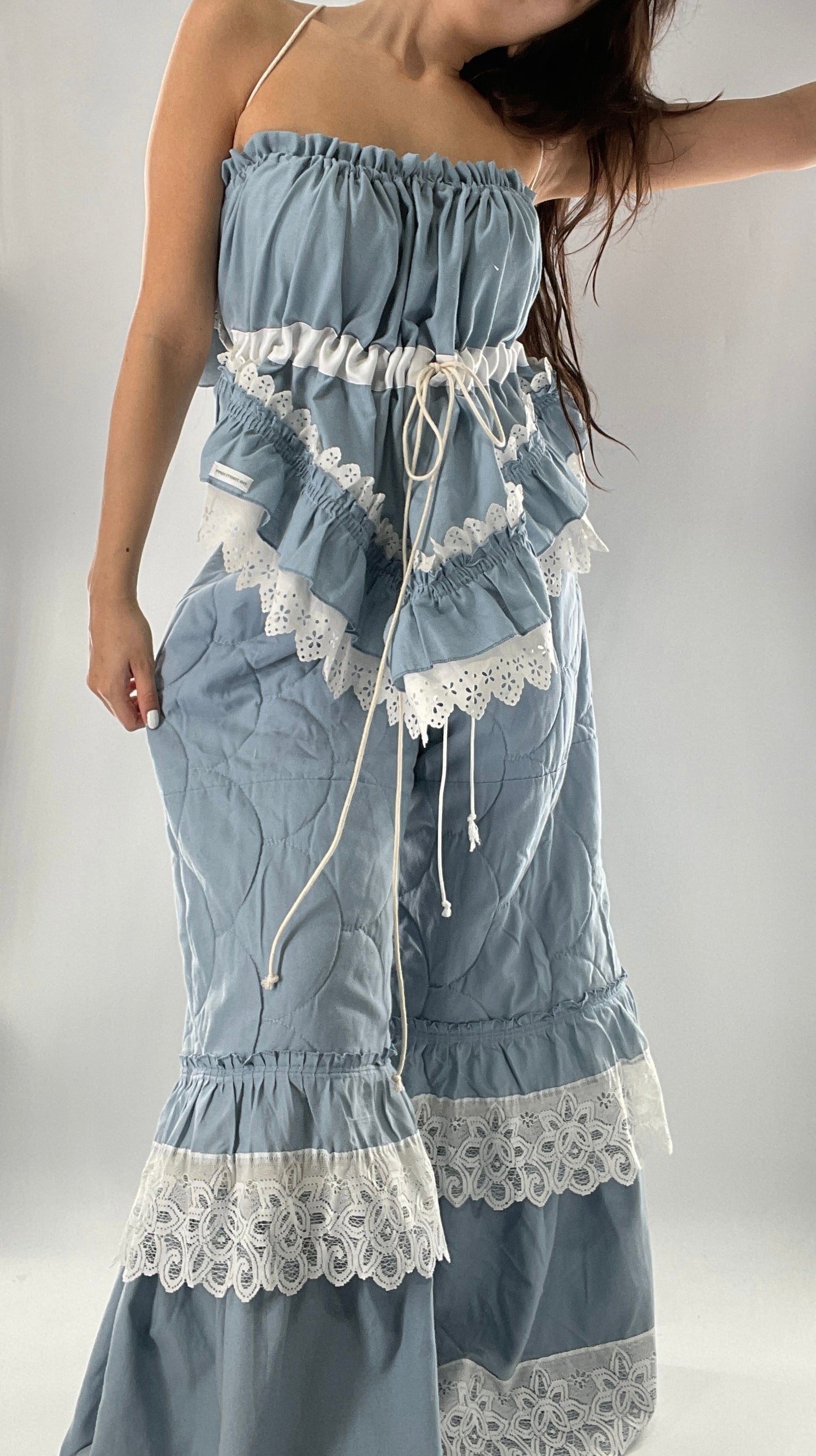Vintage 2 Piece Powder Blue Set Featuring 2Way Blouse and Quilted Trousers Covered in Ruffles, Lace and Trim (One Size)
