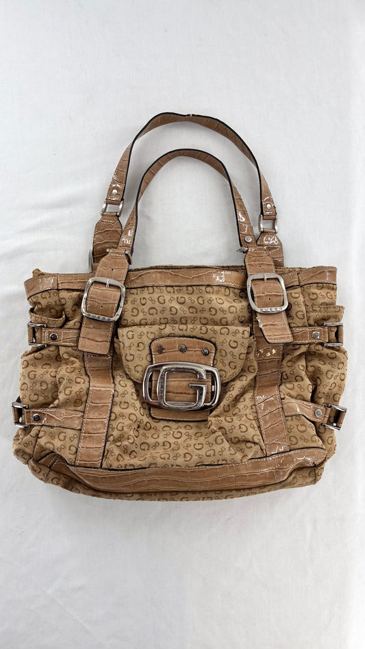 Vintage Guess Tan Monogram Shoulder Bag With Croc-Embossed Trim