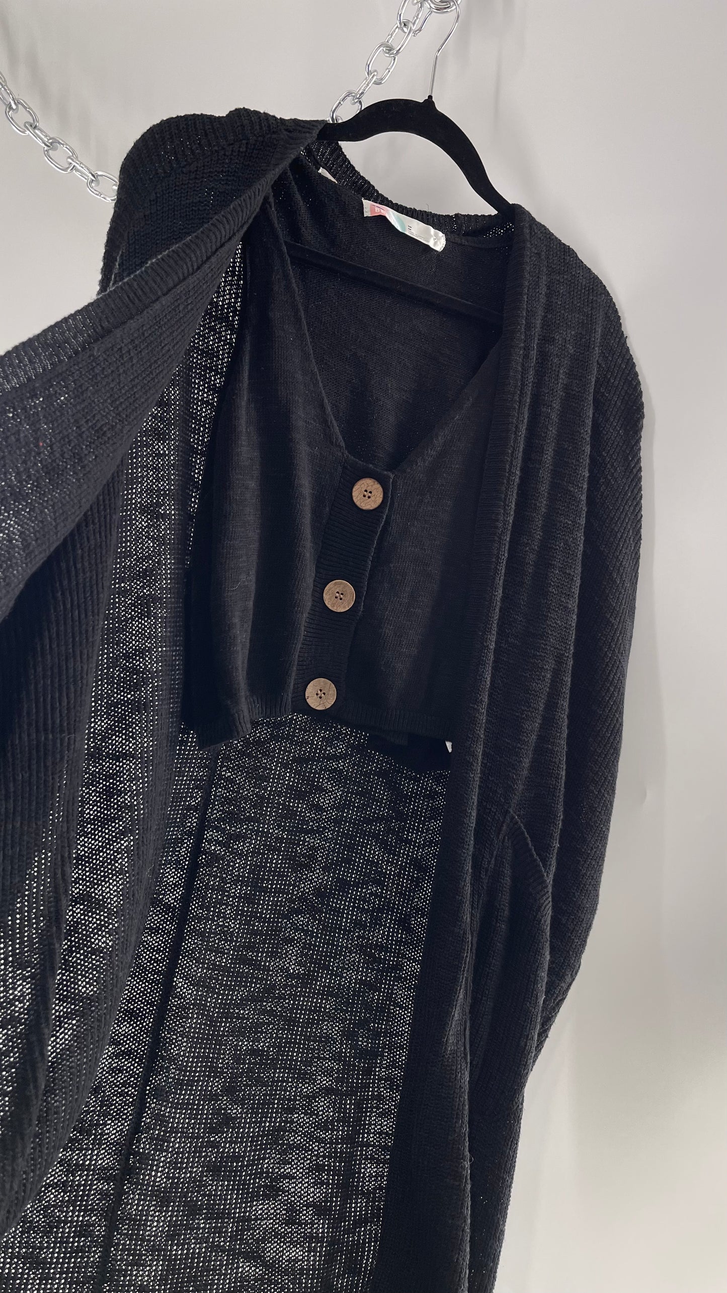 Free People Kai 3 piece Black Knit Cardigan, Tank, Shorts Set with Extra Button Never Worn (Medium)