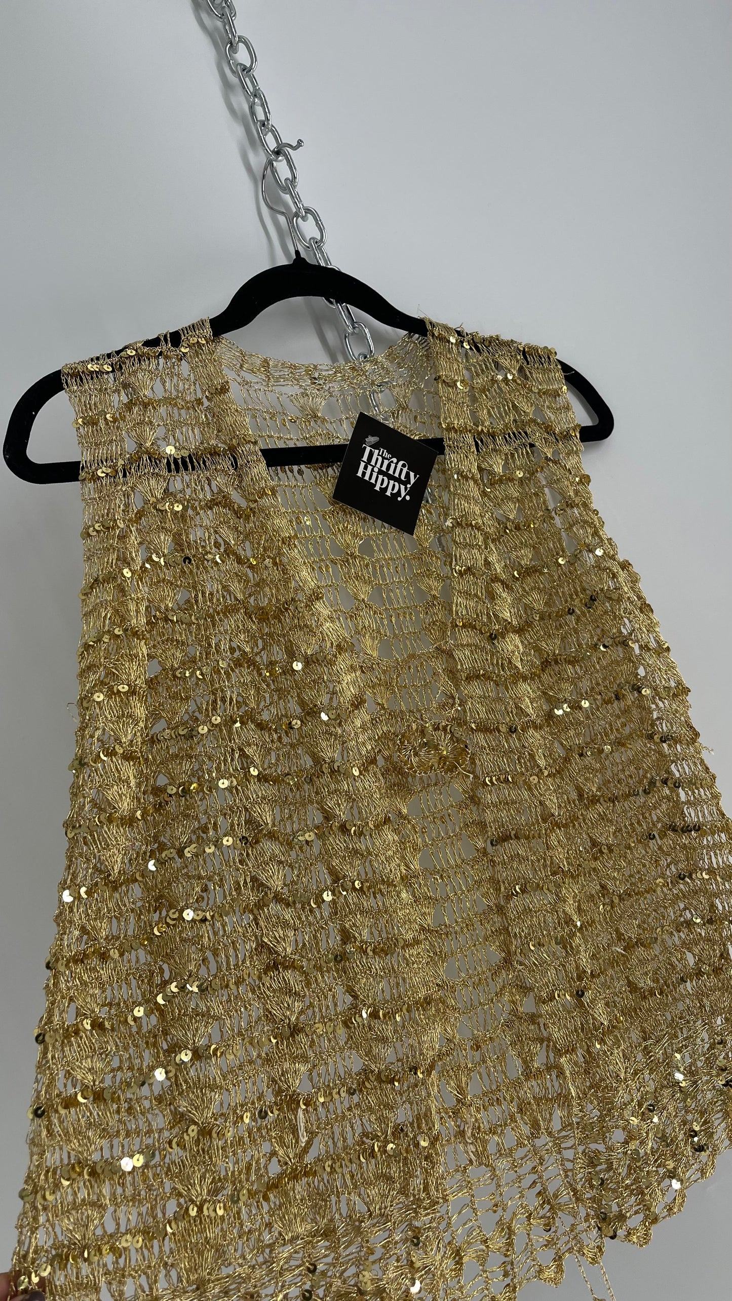 Vintage Gold Crochet Sequin Tie Bust Vest (S/M)