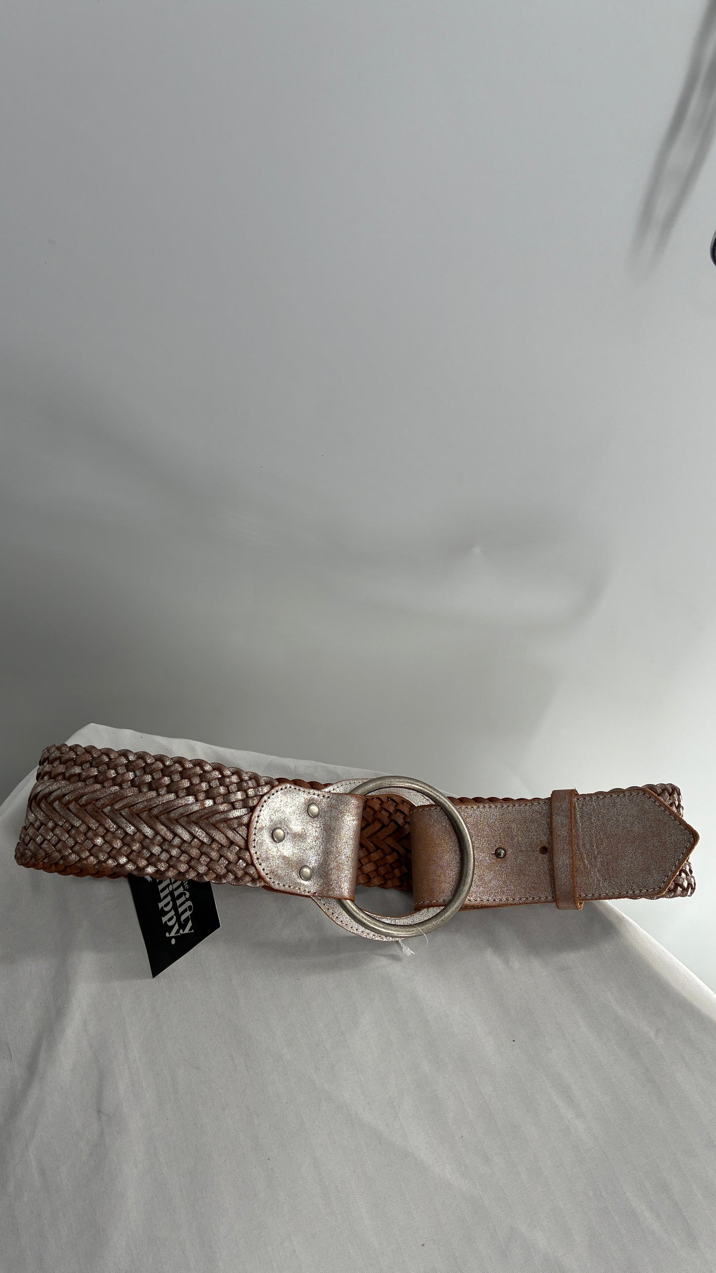 Vintage ARMANI Metallic Silver Thick Braided Leather Belt with Oversized Metal Loop Buckle (Small)