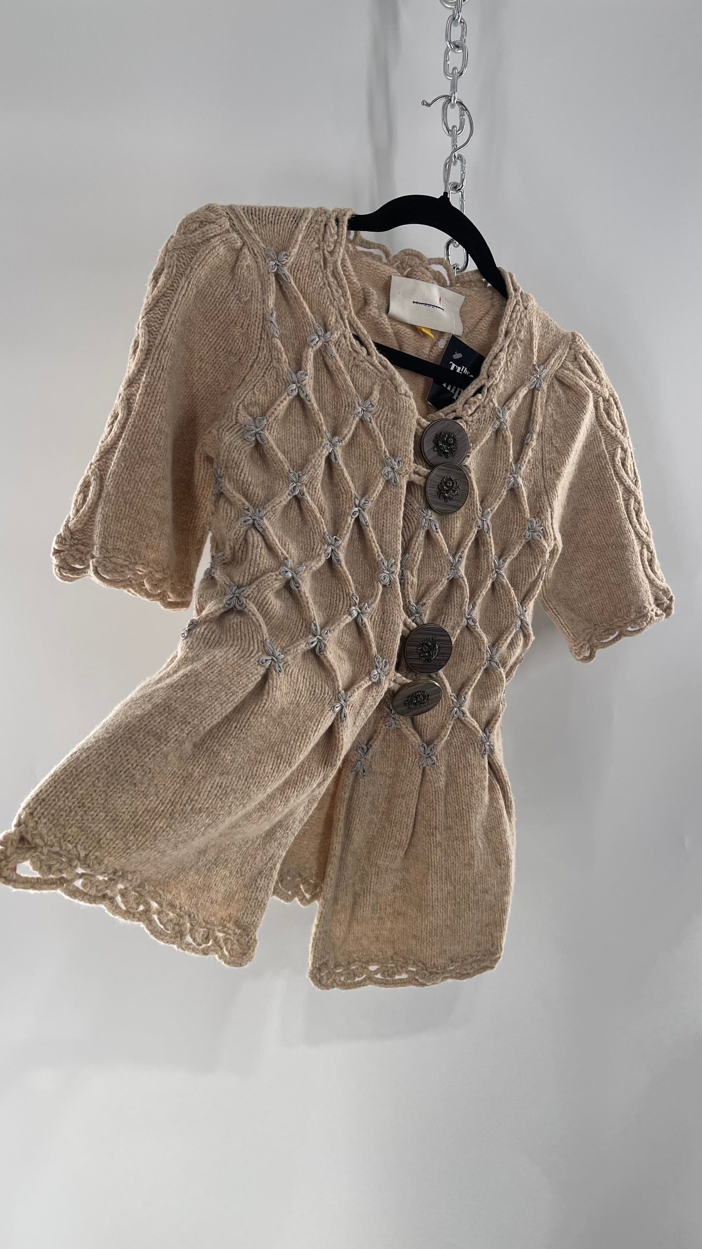 Anthropologie Leifsdottir Knit Argyle Embroidered Sweater with Oversized Statement Buttons (XS)